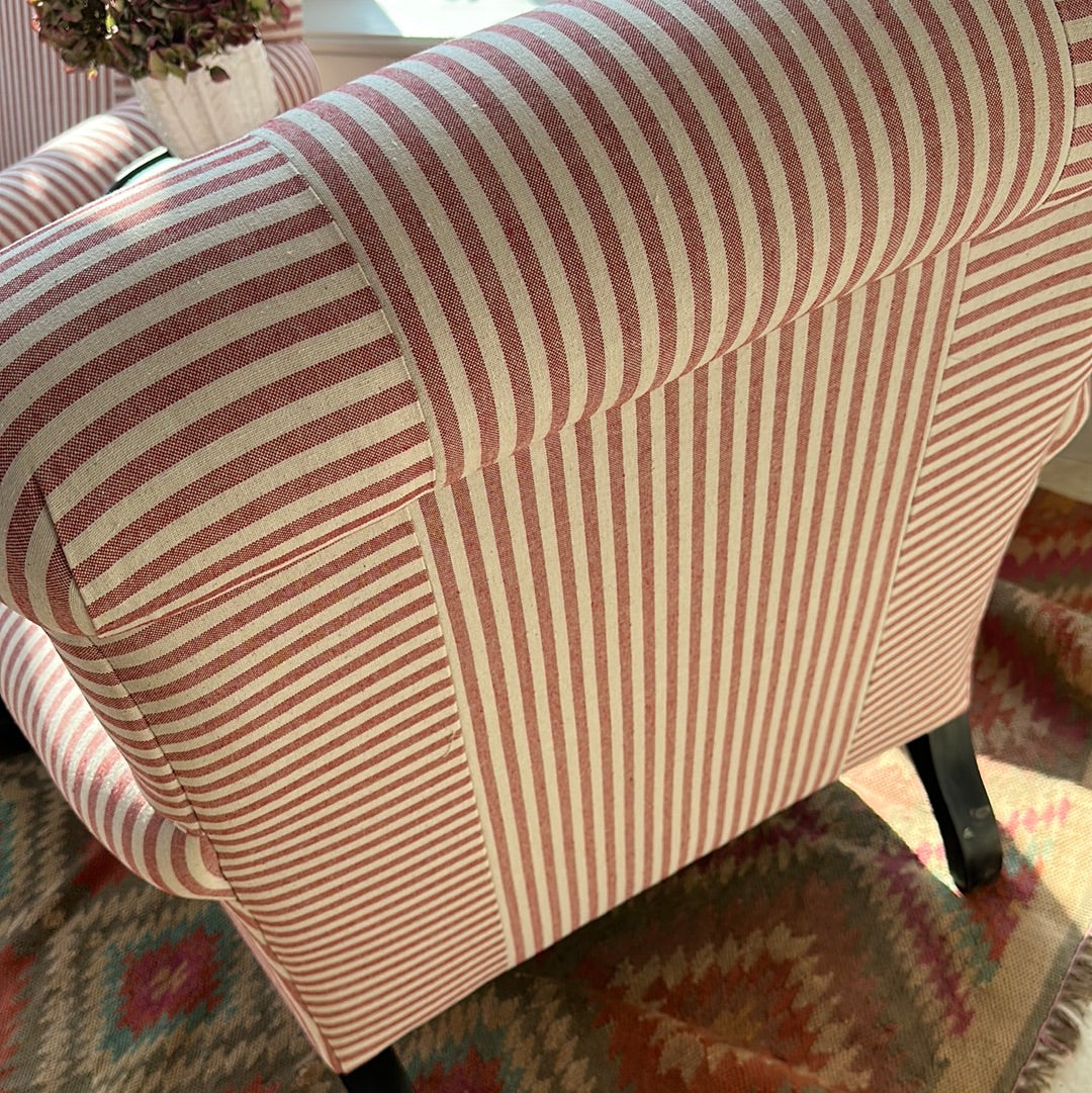 Pair of French Scroll back Armchairs on Red and White Ticking