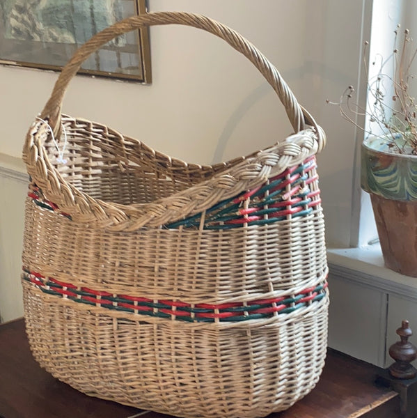 Vintage French Rattan/wicker Basket with red & green striped