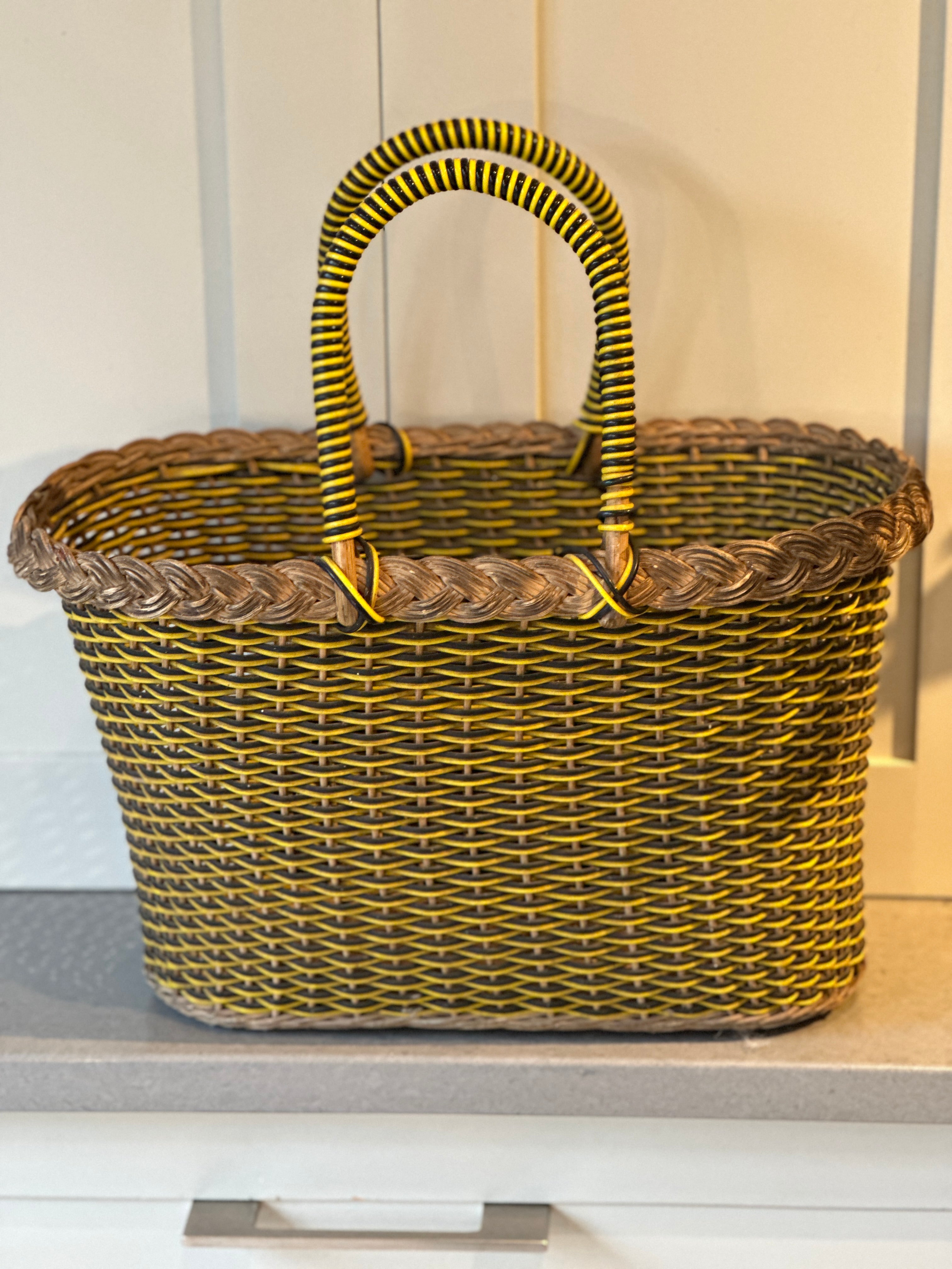 1960 Yellow and Black Wicker Shopper