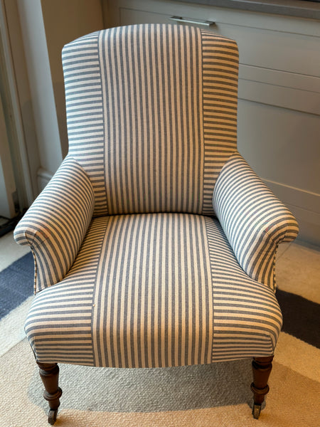 A Nap 3 Square Back Chair in Blue and White Ticking