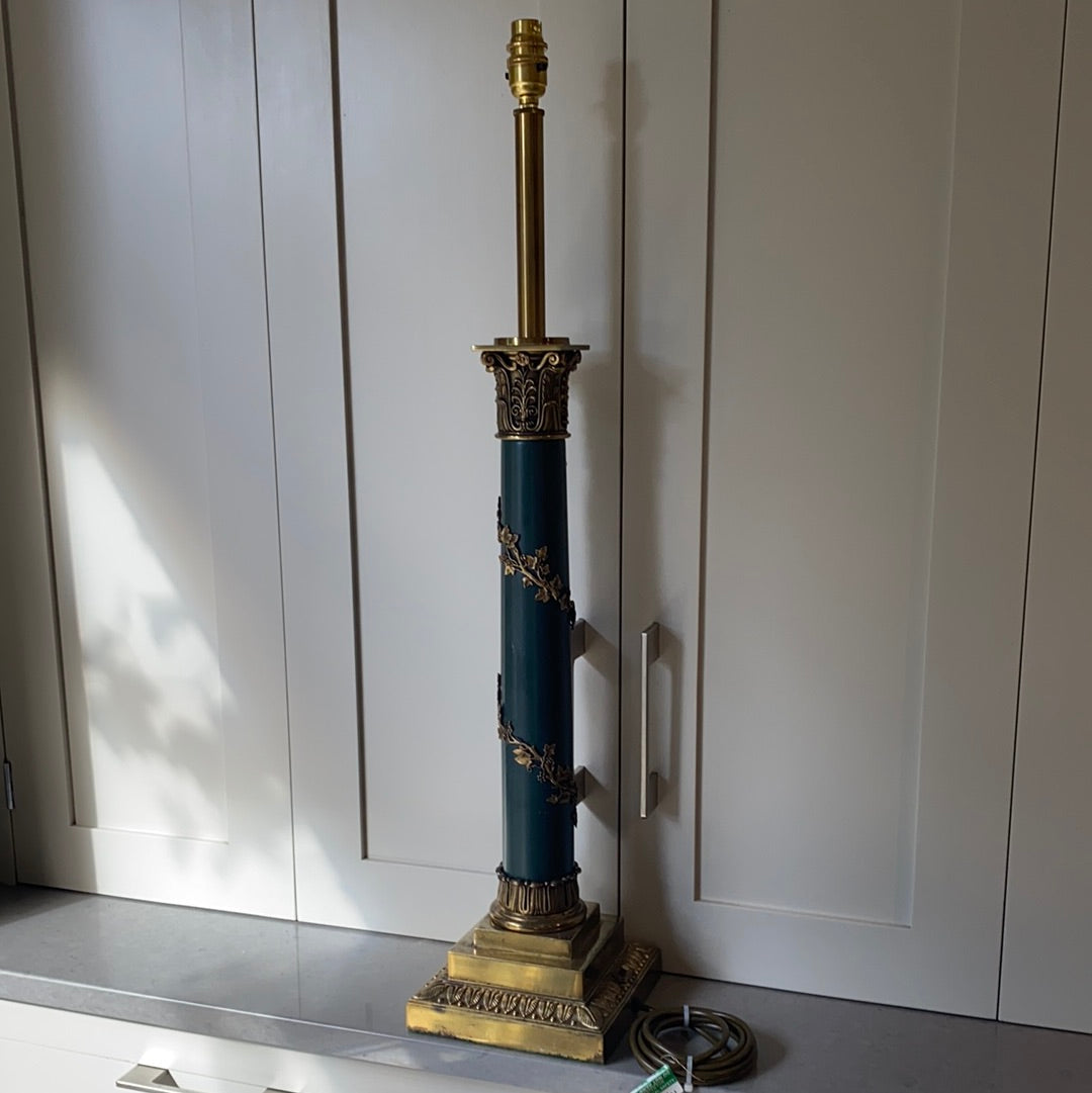 Large Vintage Dark Green & Brass Column lamp