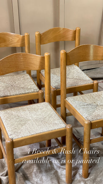 Set of 4 Beech and Rush Seat Chairs