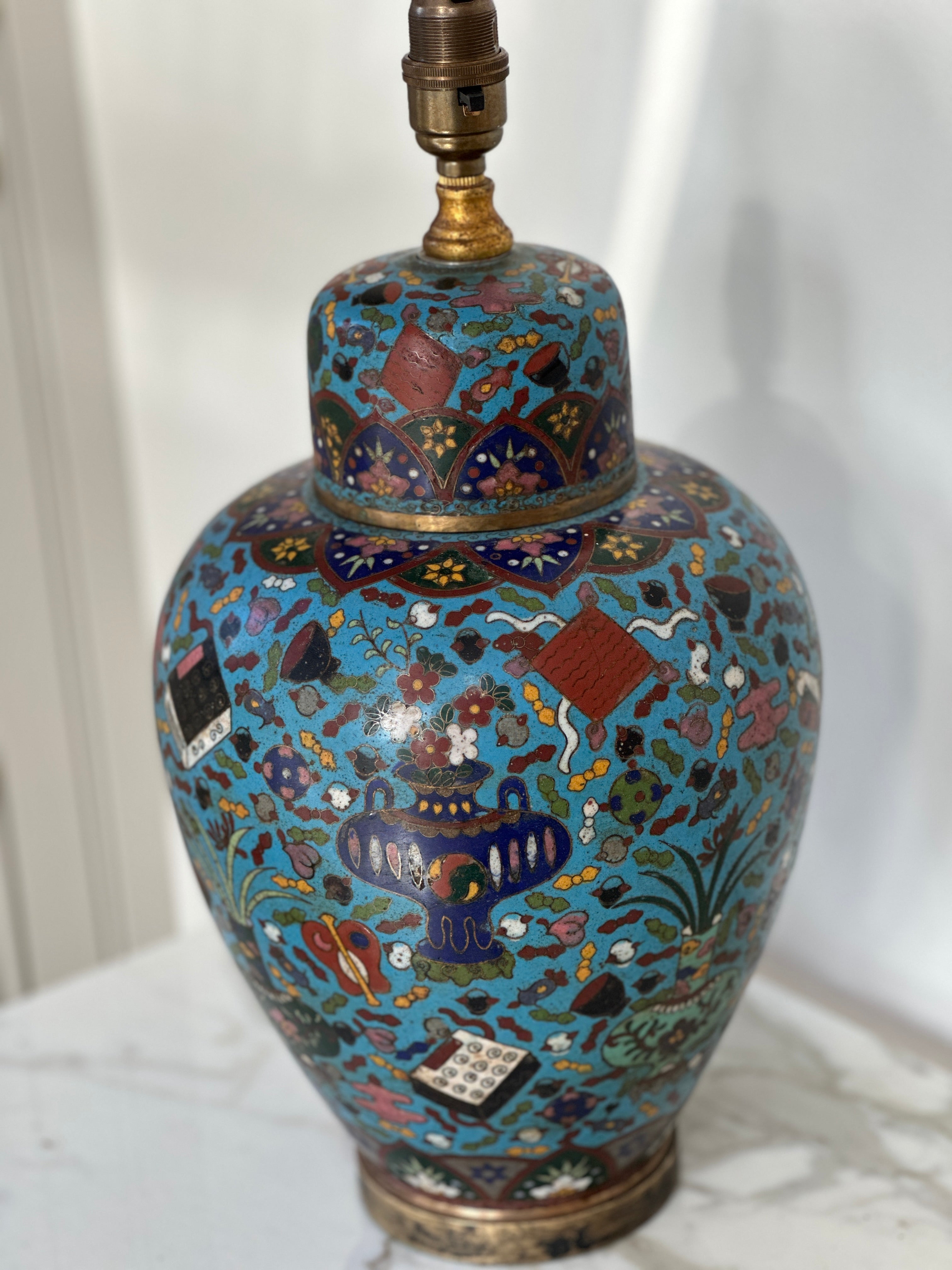 Antique Cloisonne Table Lamp on Brass Base