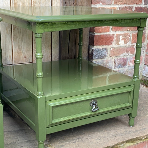 A Pair of Painted Low Occasional Table in Olive Green Gloss