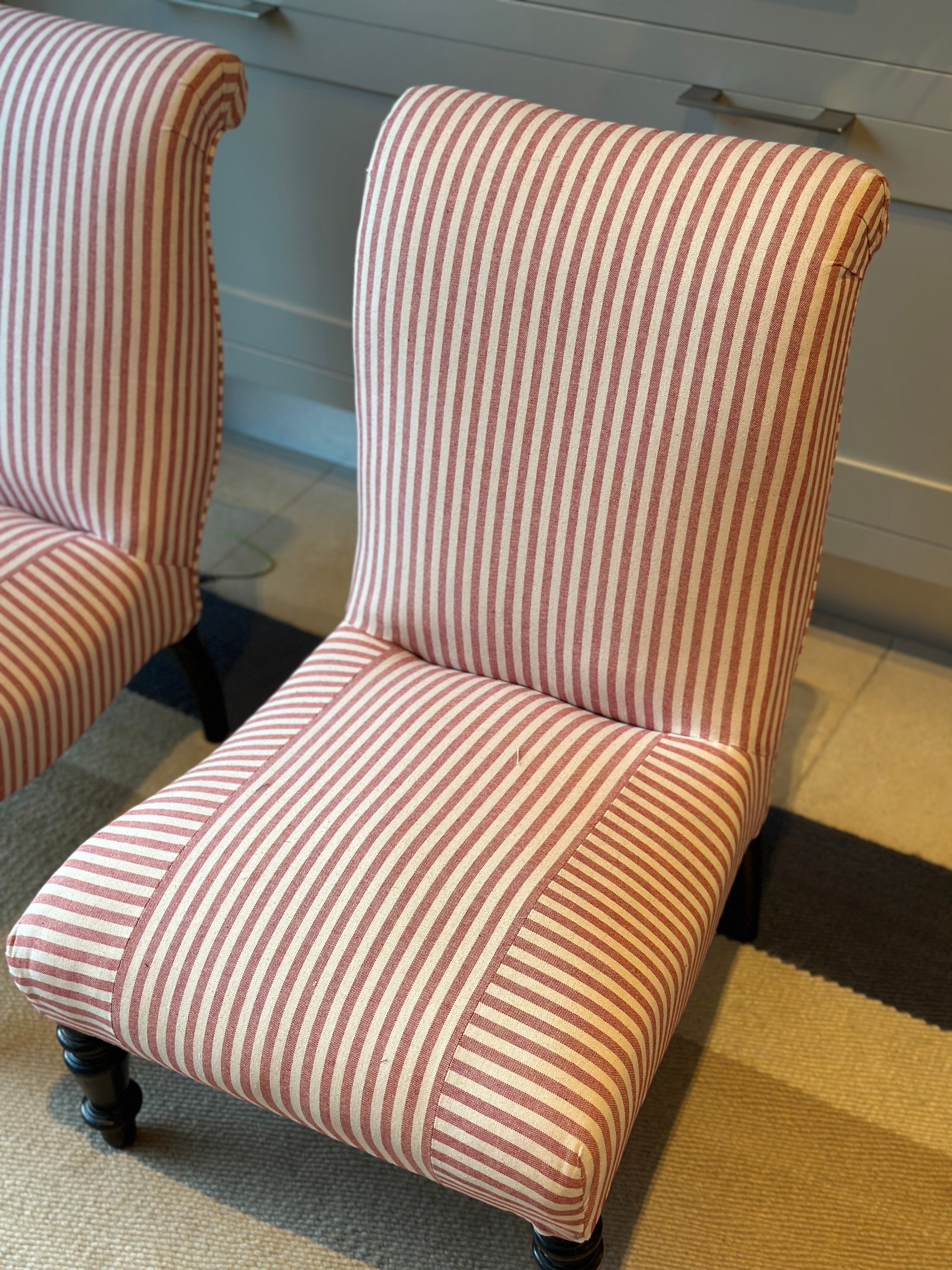 A Diminutive Pair of French Slipper Chairs in Red & White Ticking