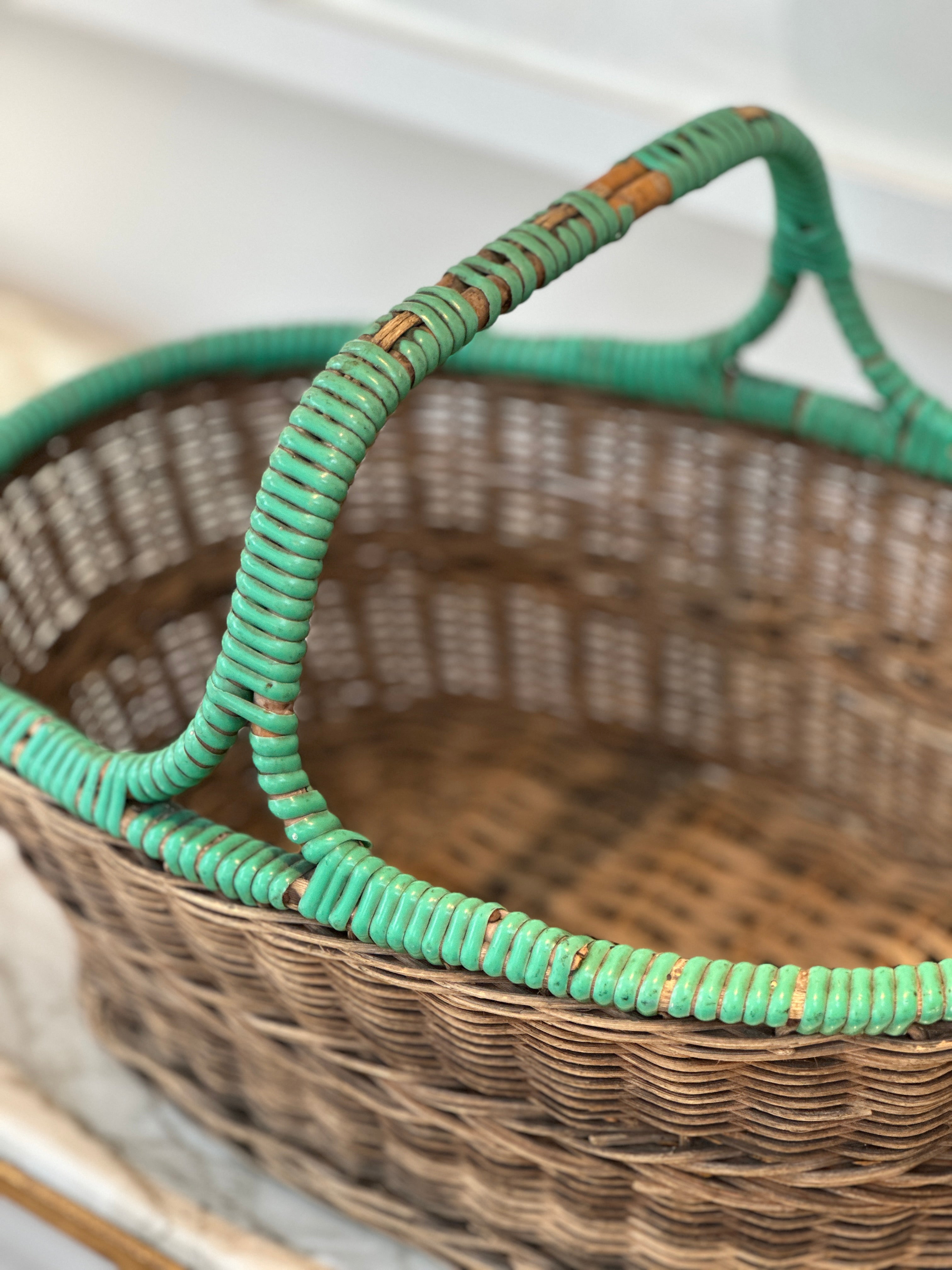 Vintage Wicker Basket with retro green handle