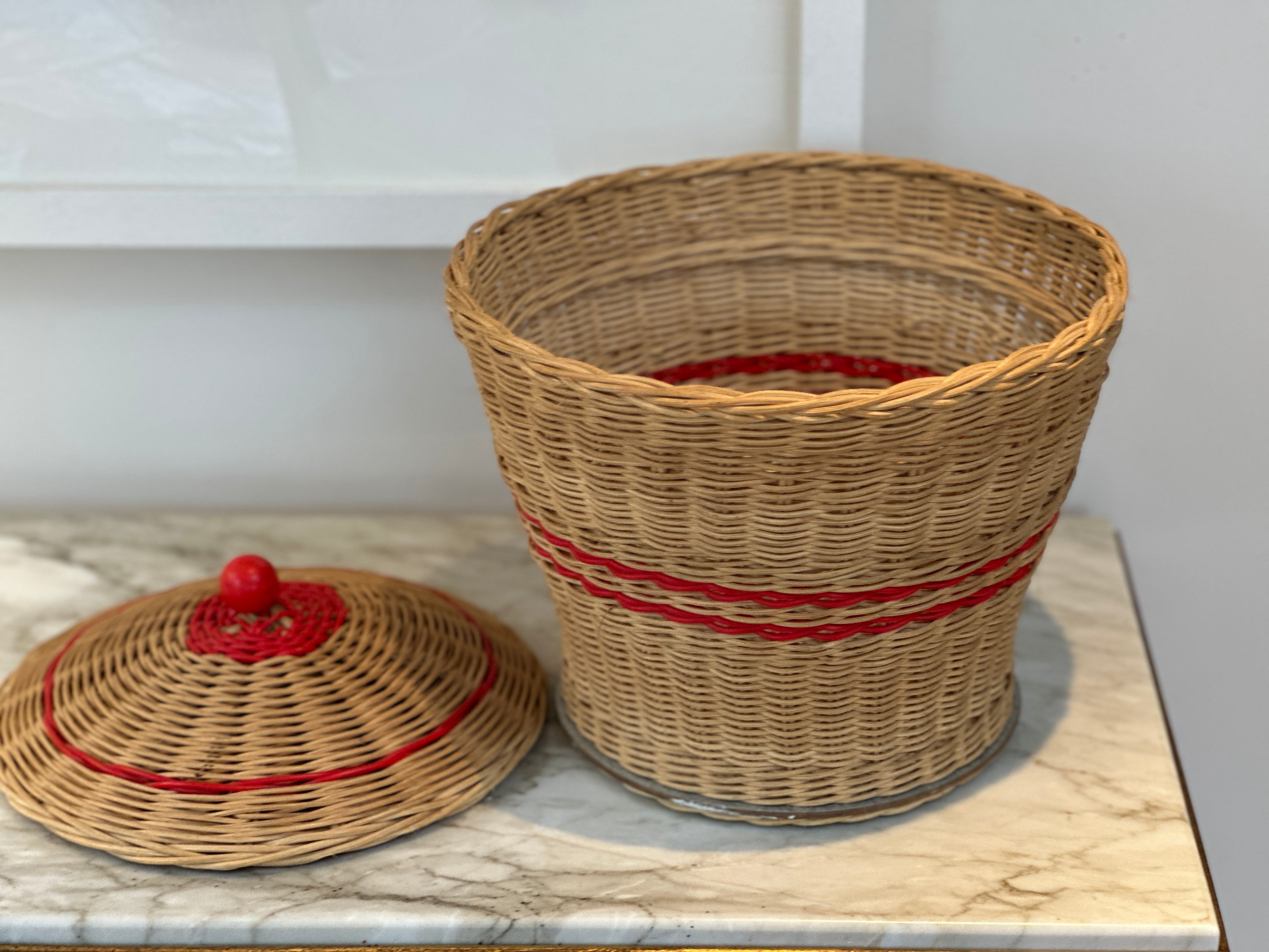 Small Vintage Wicker and Red Sewing Basket