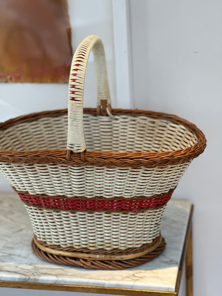Vintage White Wicker Handled Basket with Red Accents