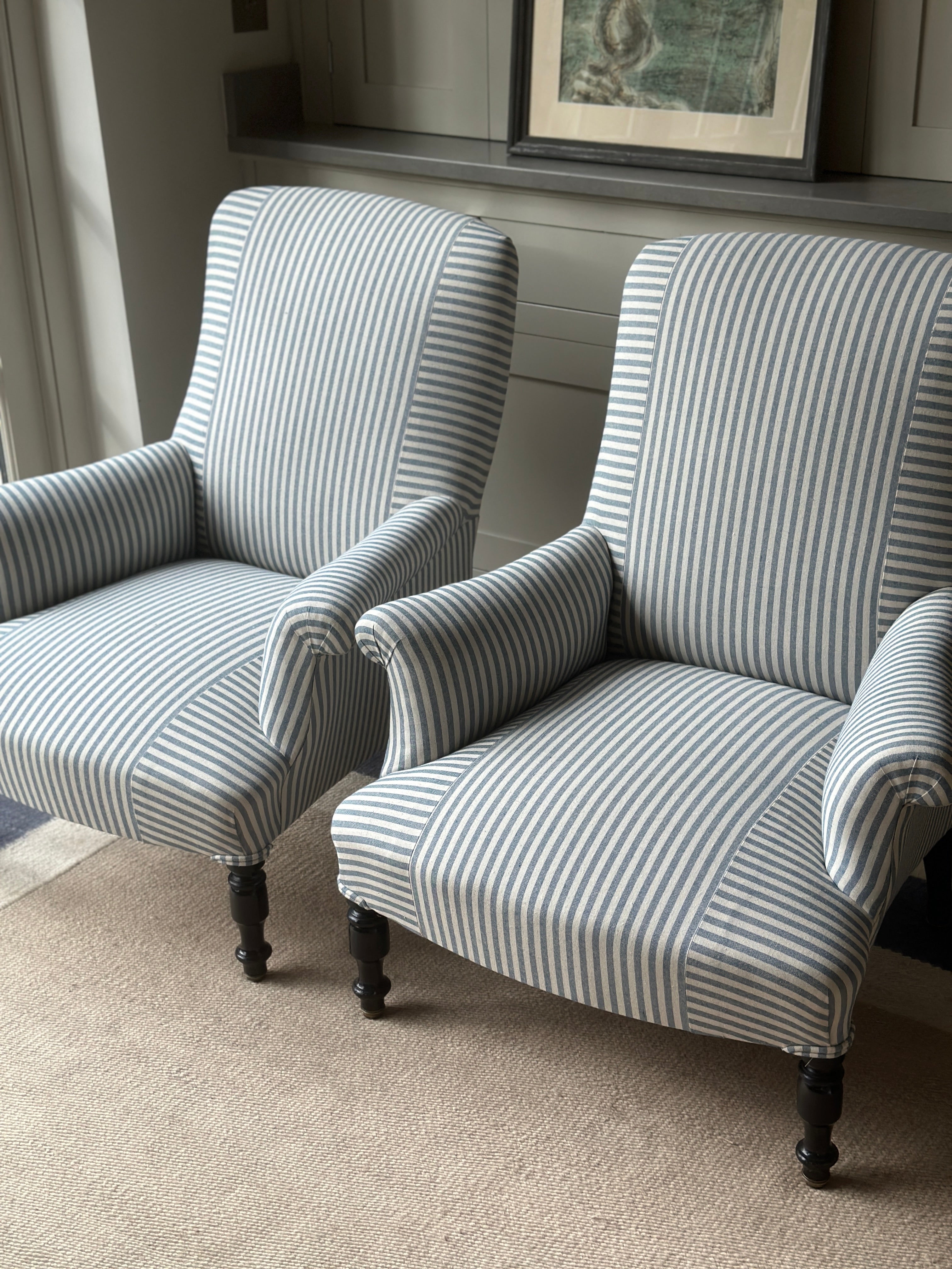 Pair of Nap 3 Armchairs in Blue & White Ticking