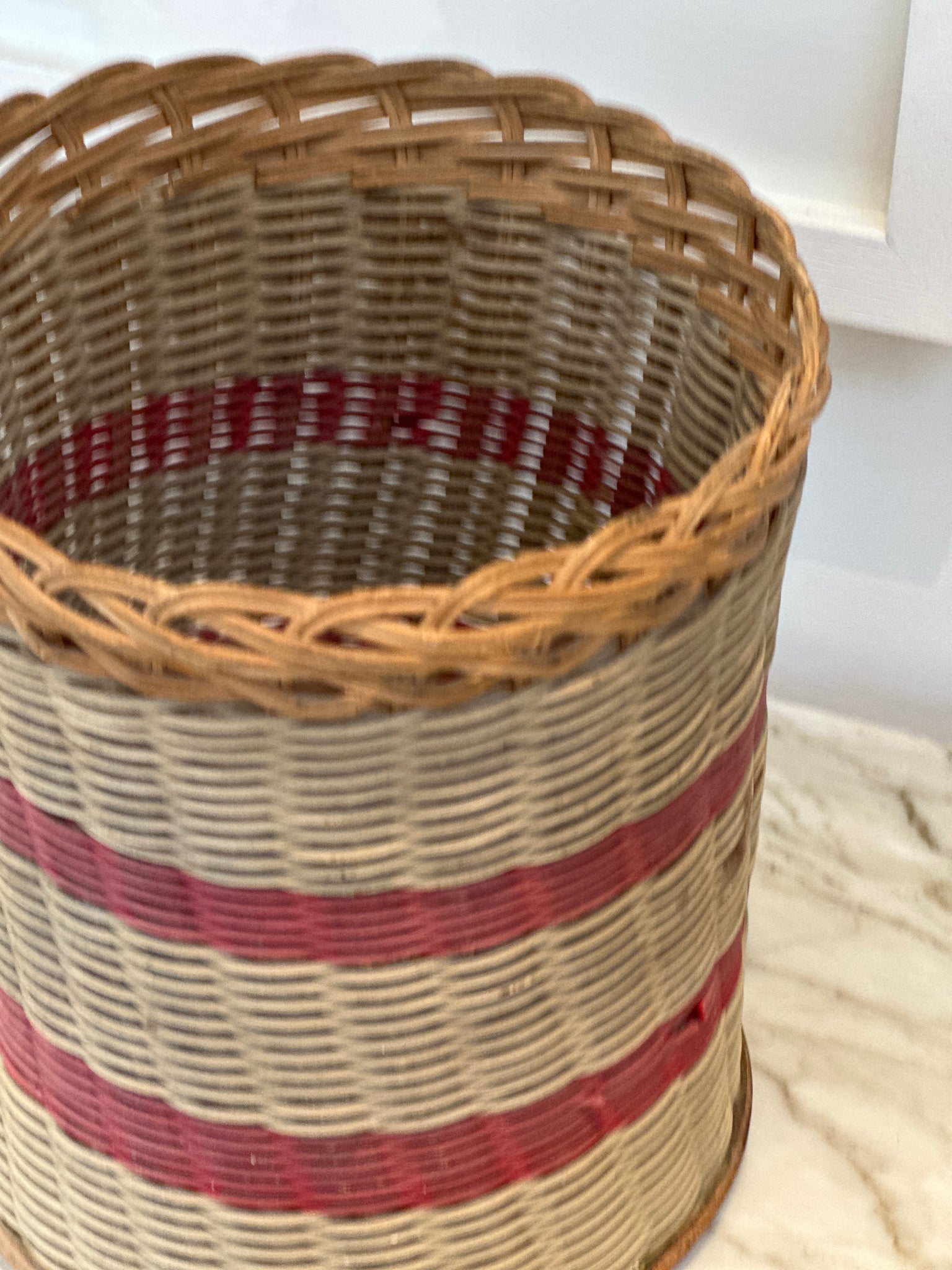 Vintage Wicker Planter or Bin with red accents