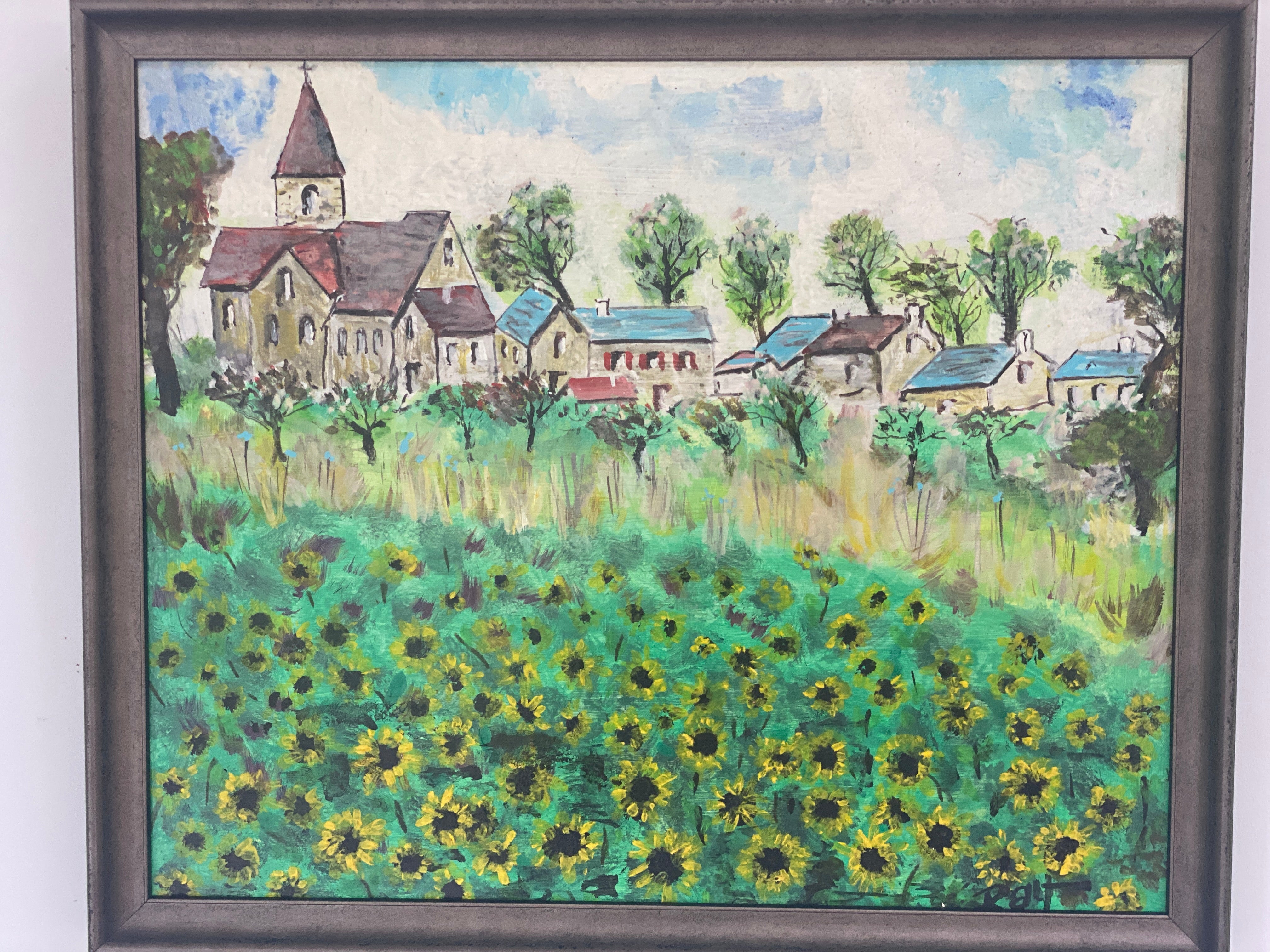 Village and Sunflowers Oil Painting