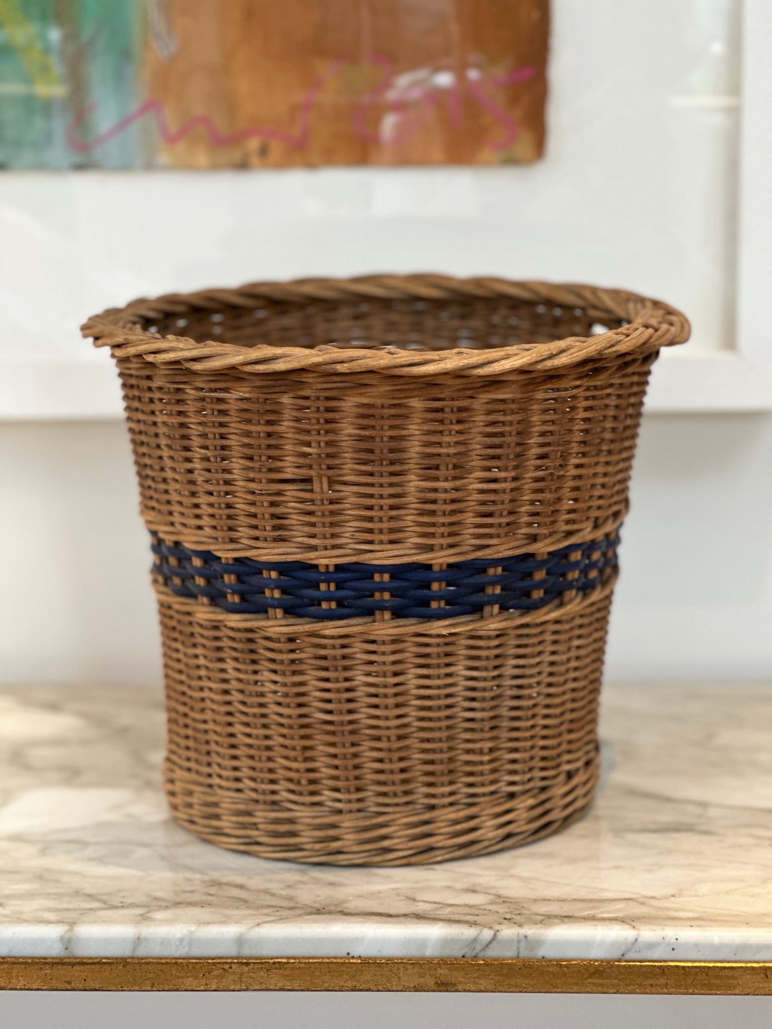 Wicker Planter with Blue Accents