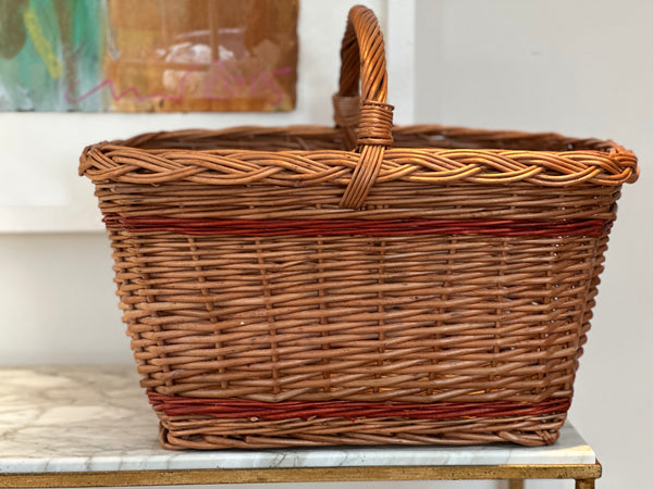 Large Vintage Wicker Basket with Red Accents