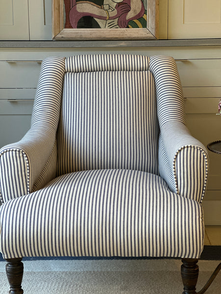 Large Antique English Armchair in a Navy stripe