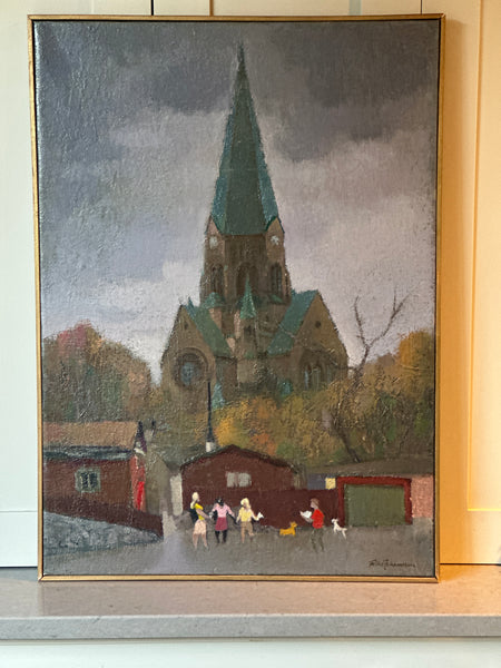 Swedish Oil on Canvas Village Scene