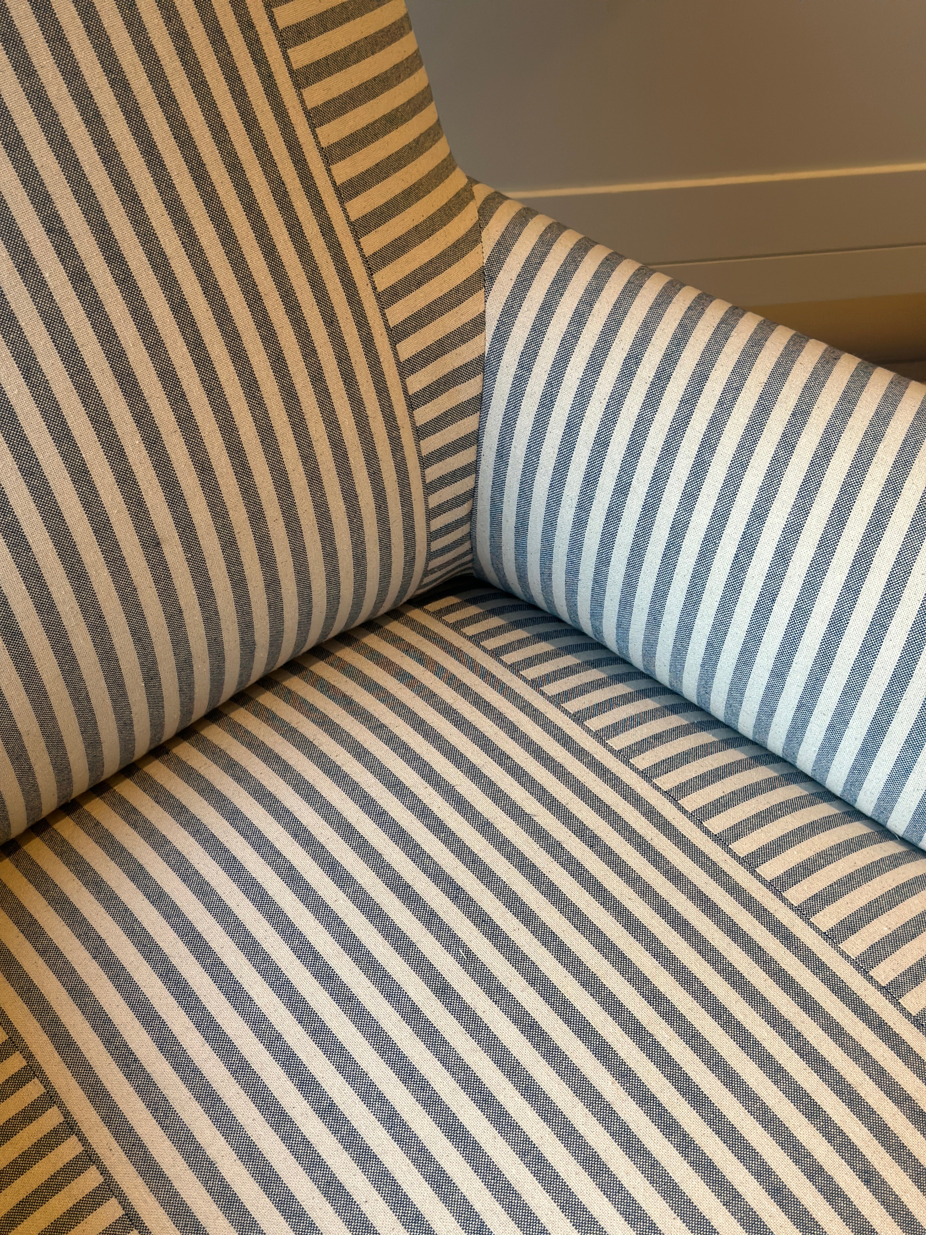 A Nap 3 Square Back Chair in Blue and White Ticking