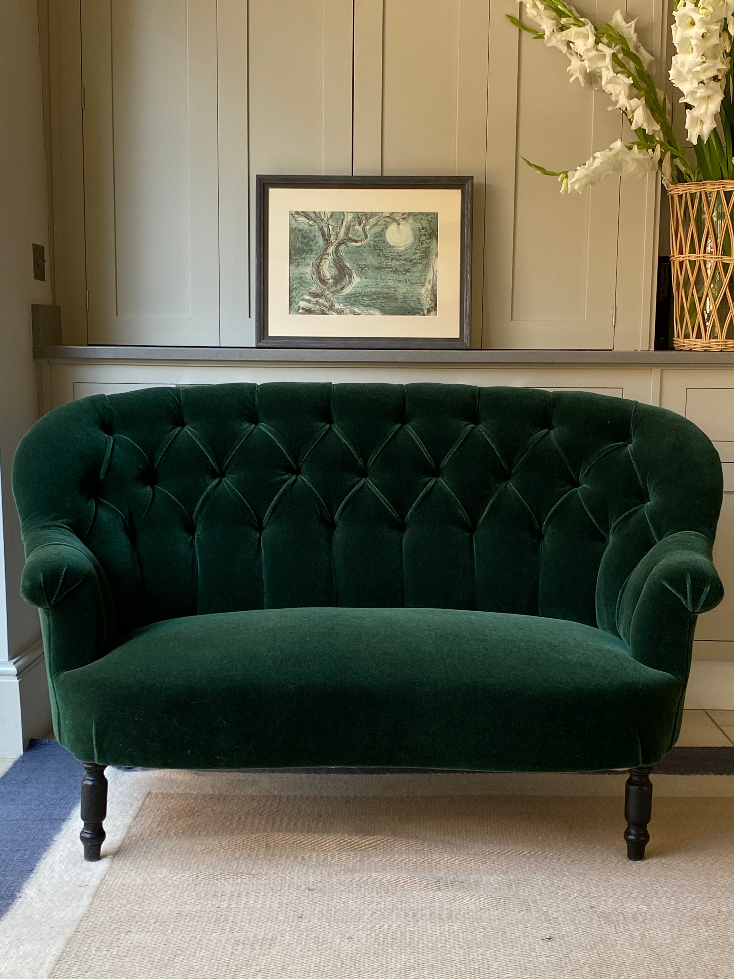 Small French Buttoned Back Sofa in Rose Uniacke Mohair Velvet