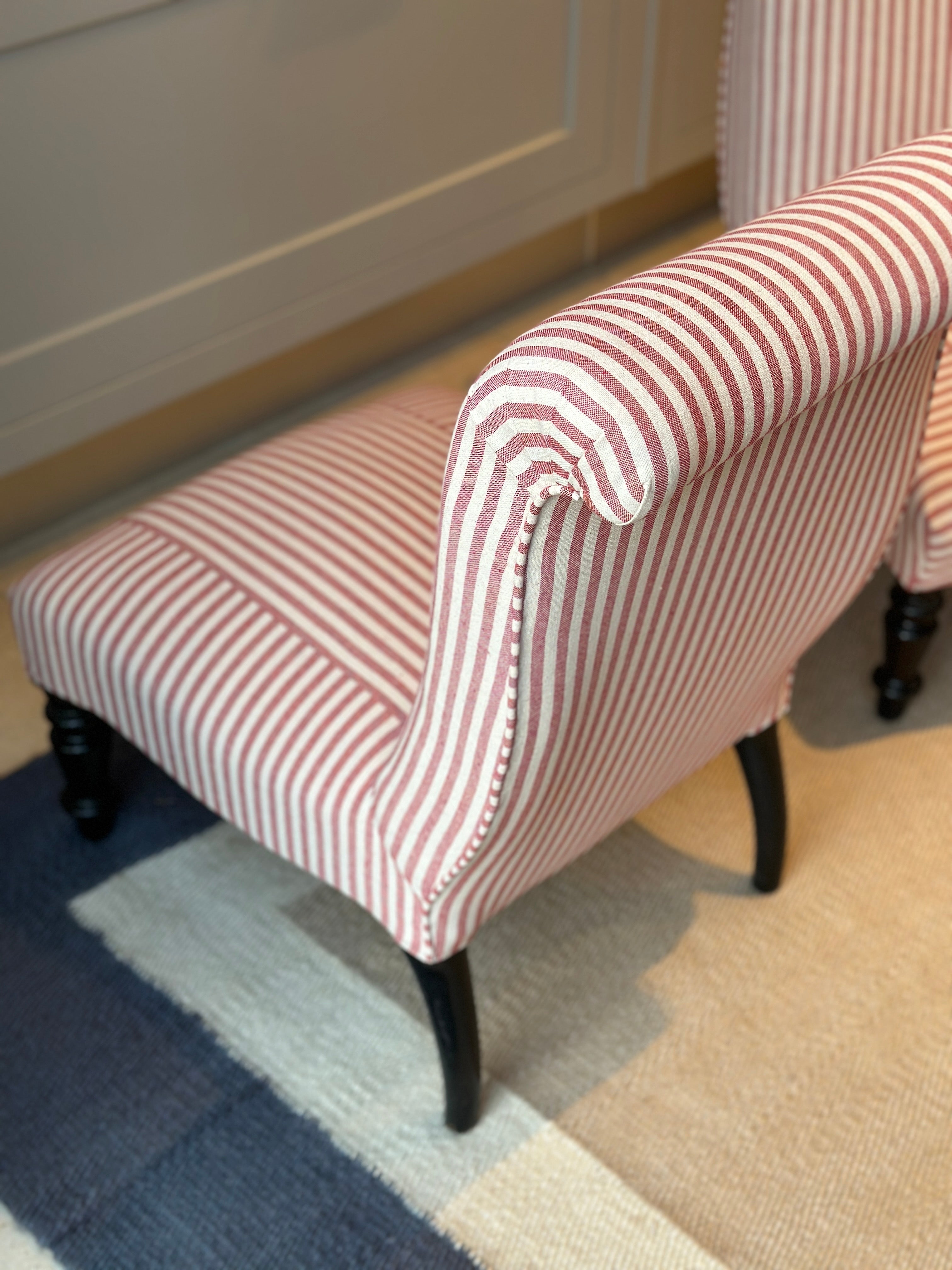 A Diminutive Pair of French Slipper Chairs in Red & White Ticking