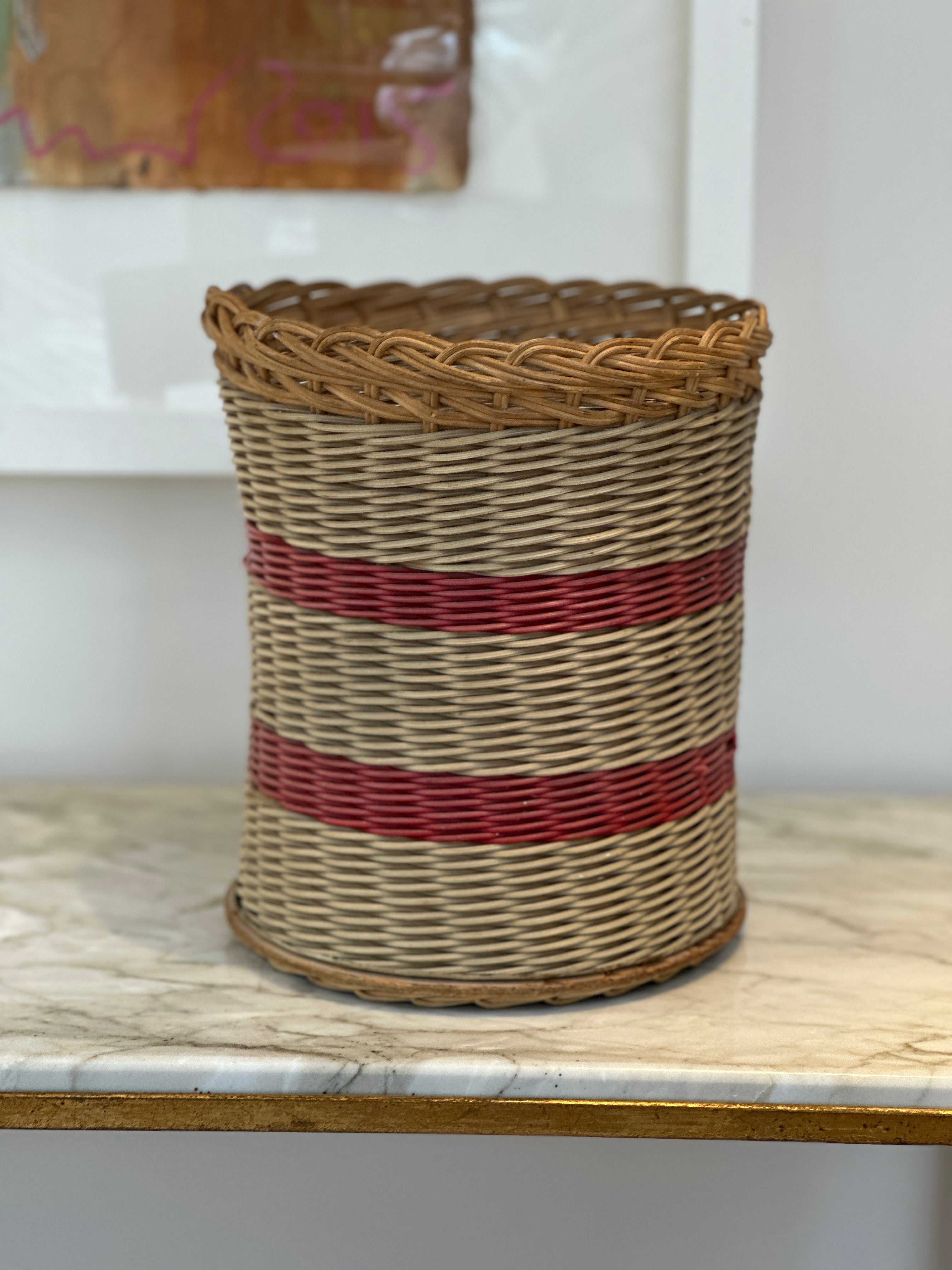 Vintage Wicker Planter or Bin with red accents