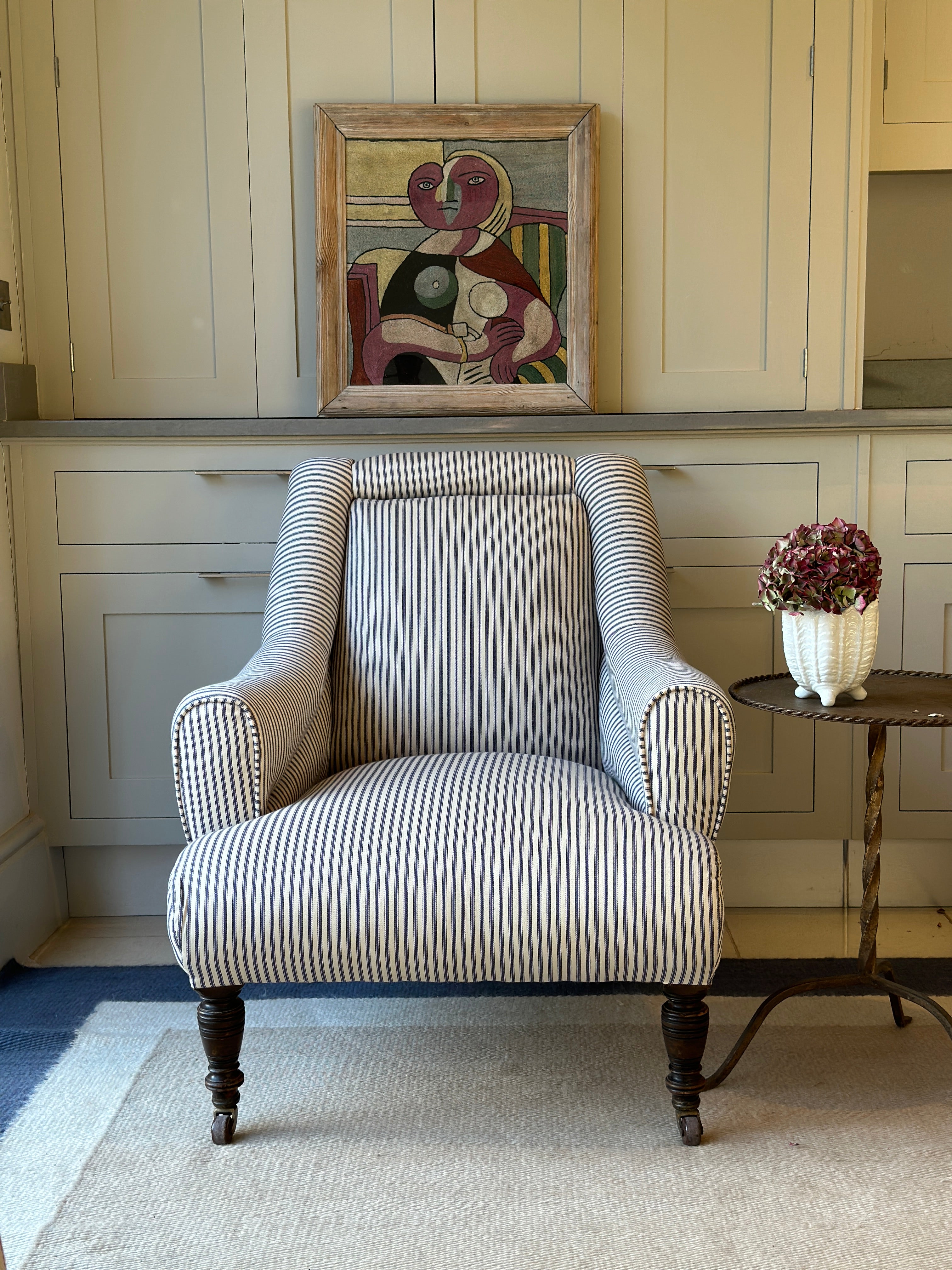 Large Antique English Armchair in a Navy stripe