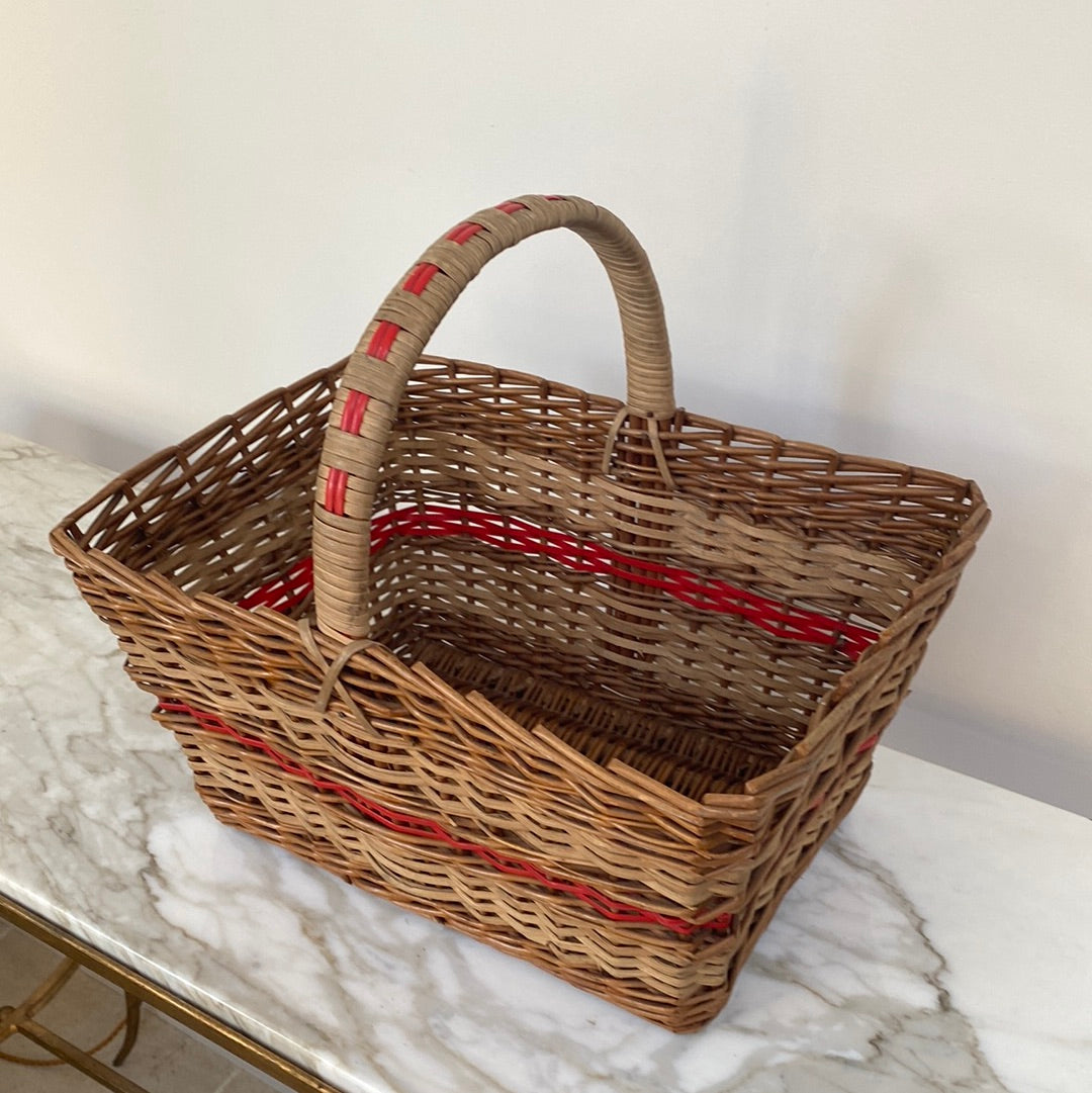 French Split Cane Handled Basket with Red accents