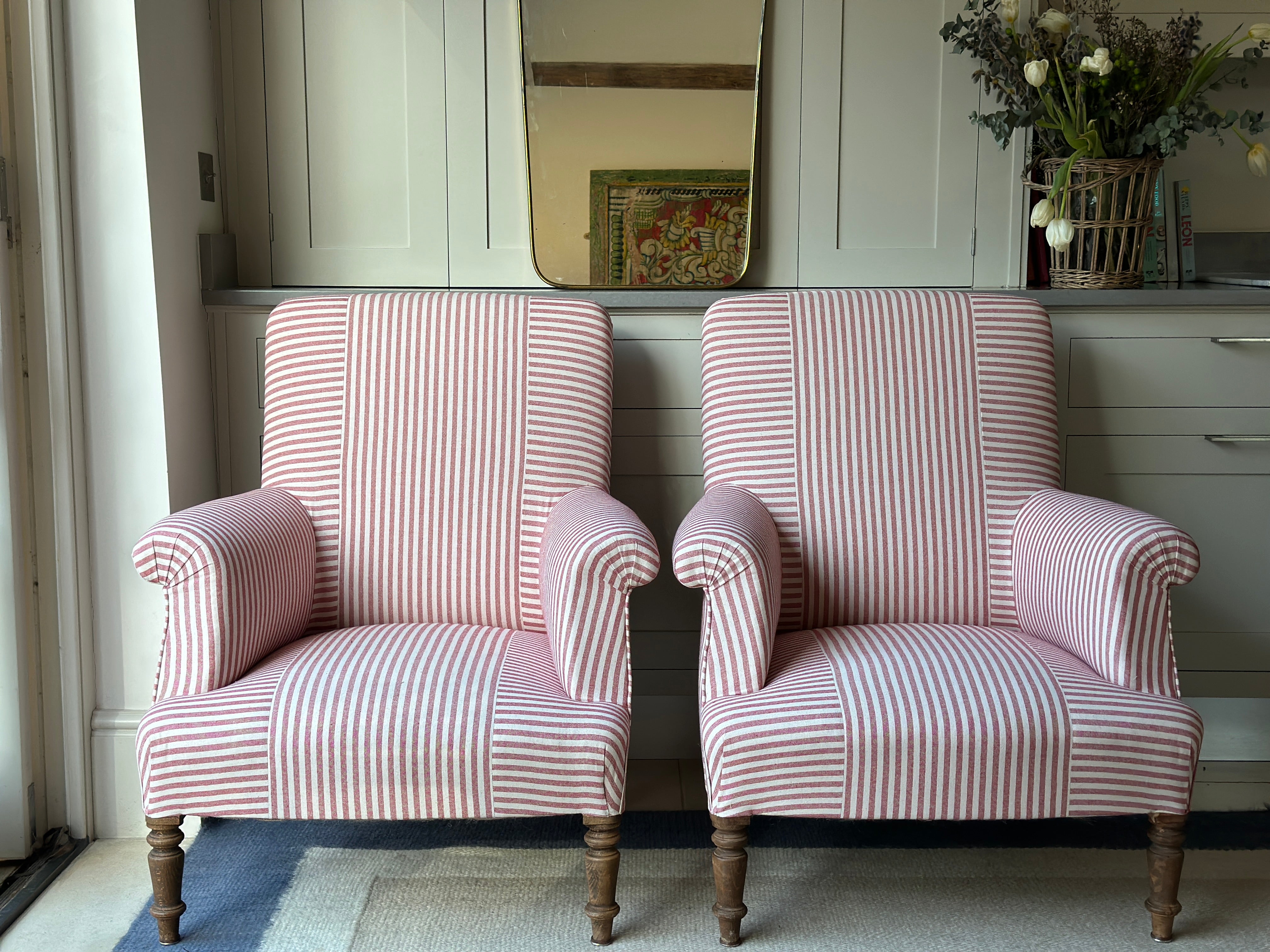 Pair of Nap III Square Back Chairs in Red and White