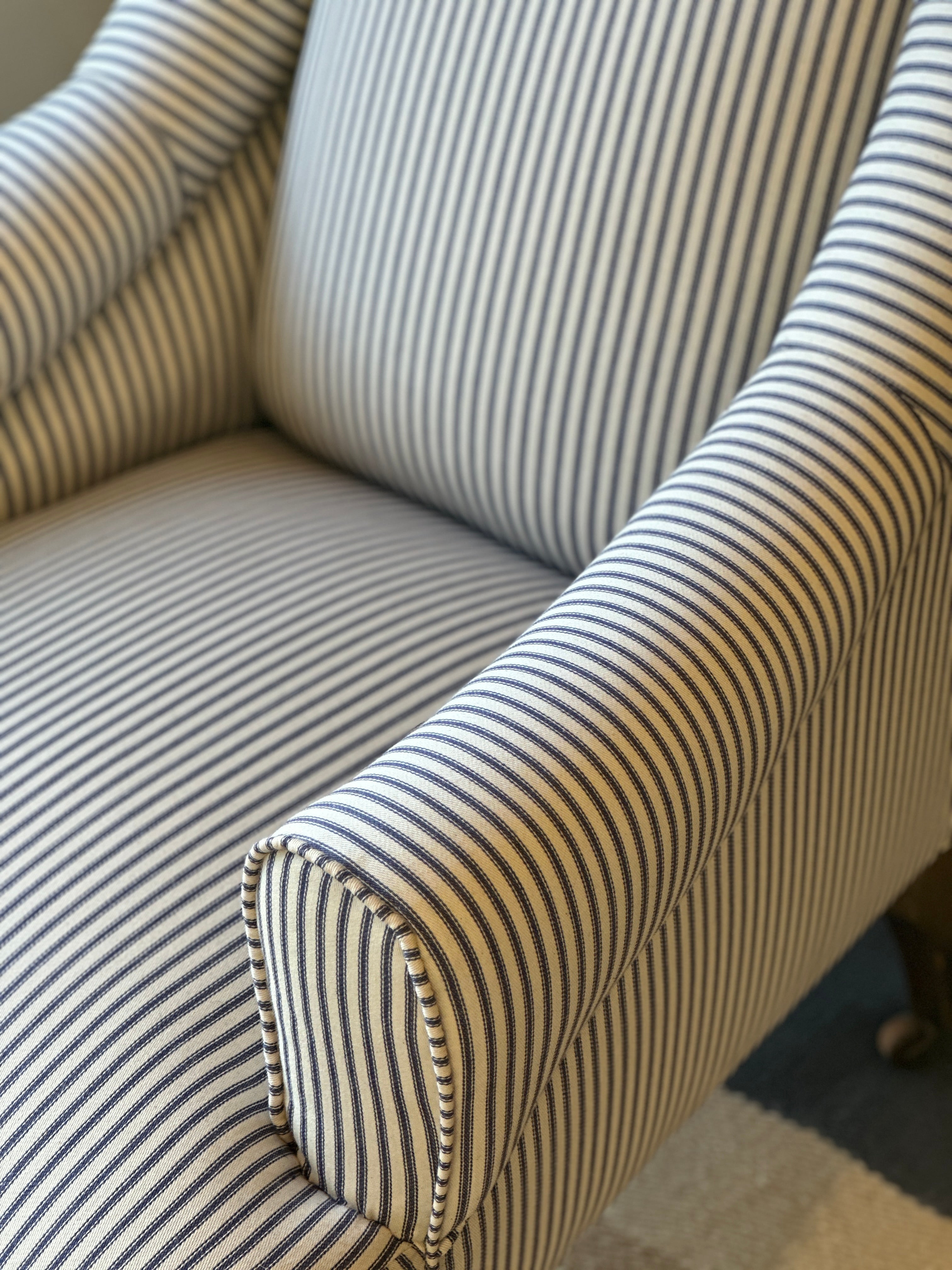 Large Antique English Armchair in a Navy stripe