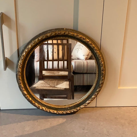 Small Round Antique Green & Gilt Mirror