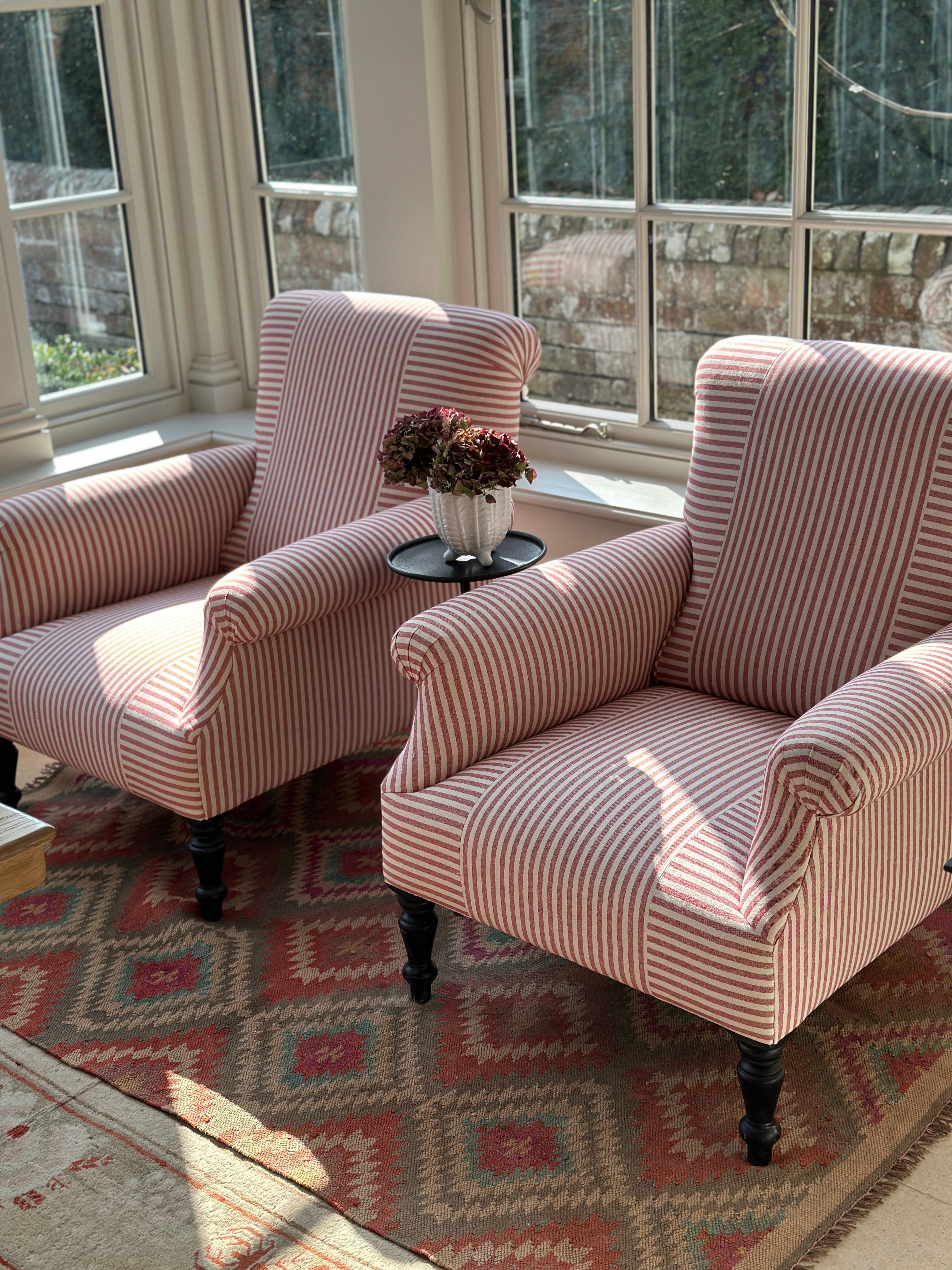 Pair of French Scroll back Armchairs on Red and White Ticking