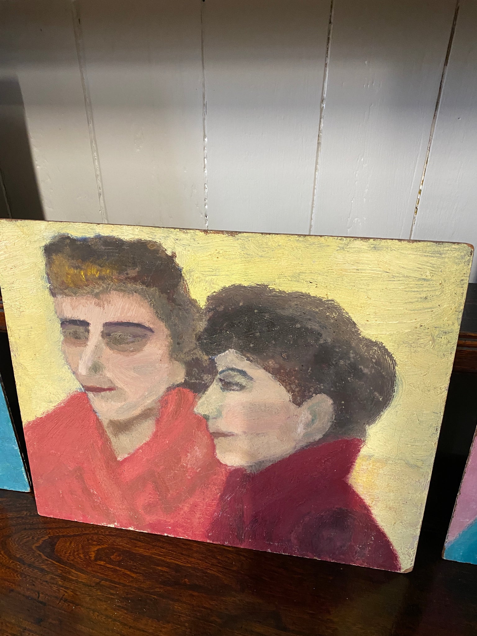 Naive oil on board portrait of 2 ladies