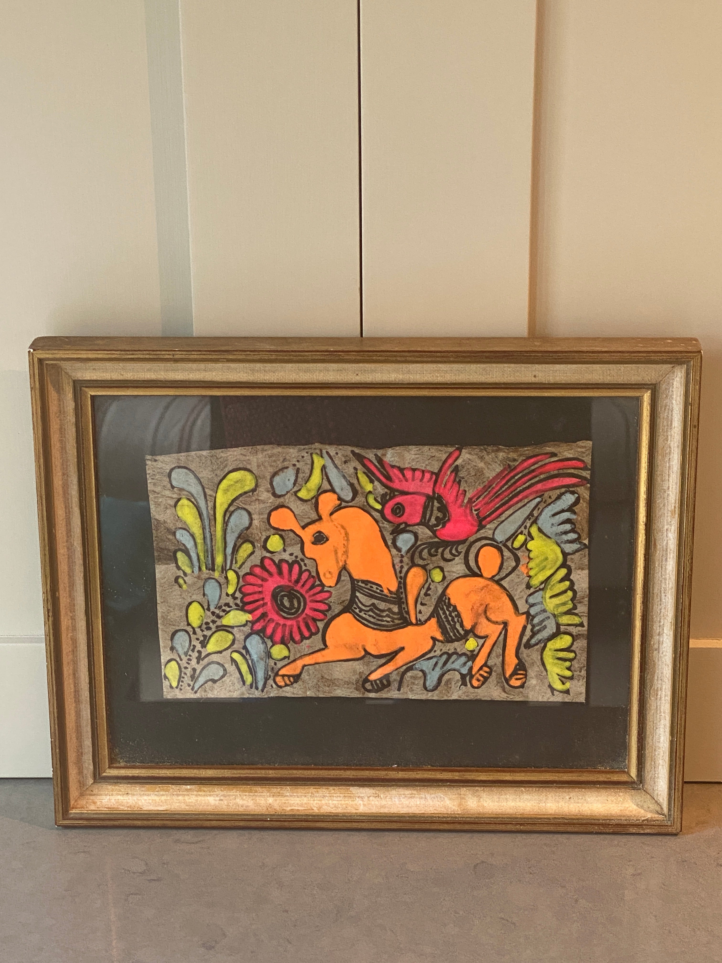 Framed Original Mid Century Surrealist Fable Gouache