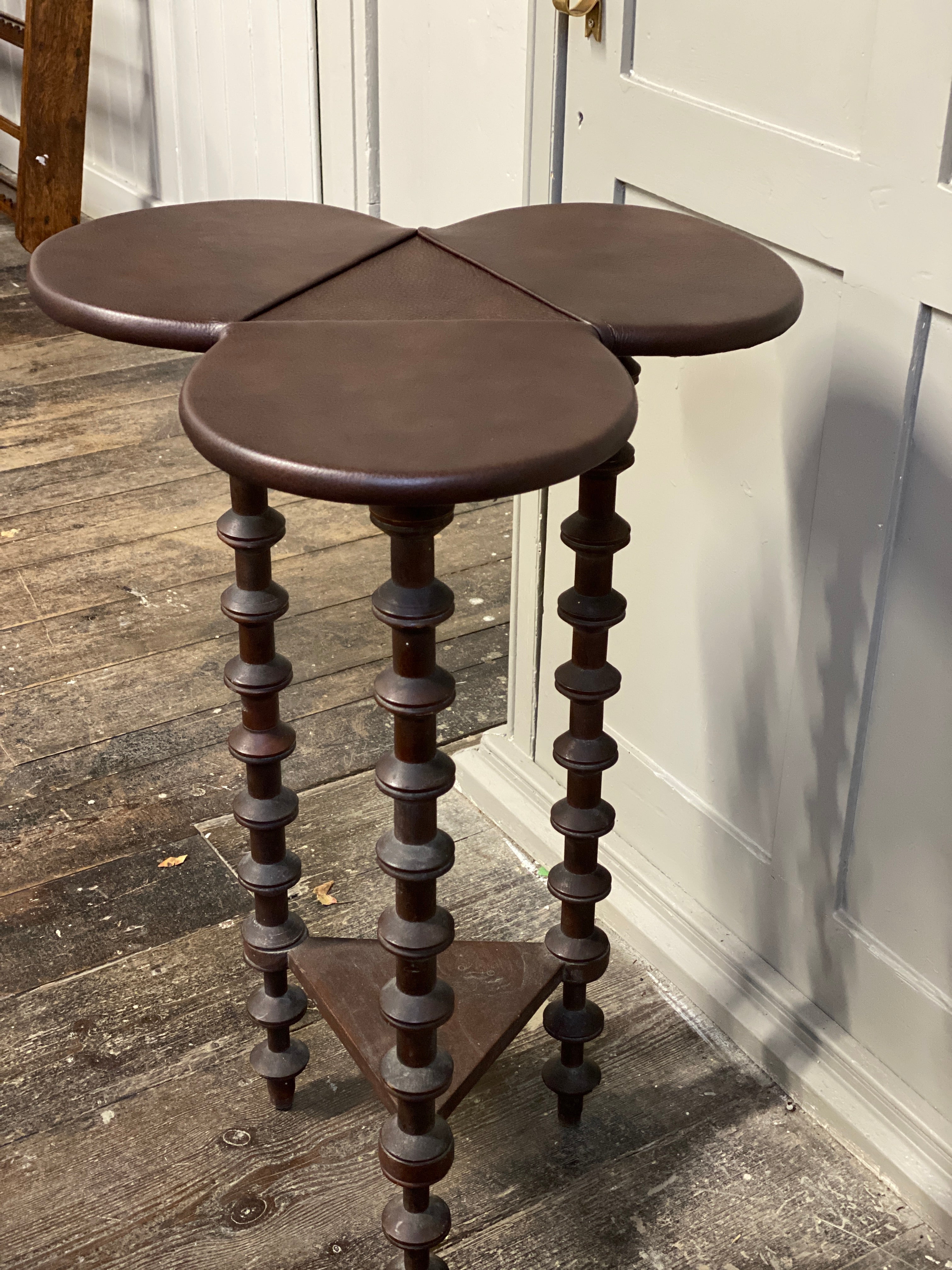 Interesting C19th French trefoil wine table with modern leather top.