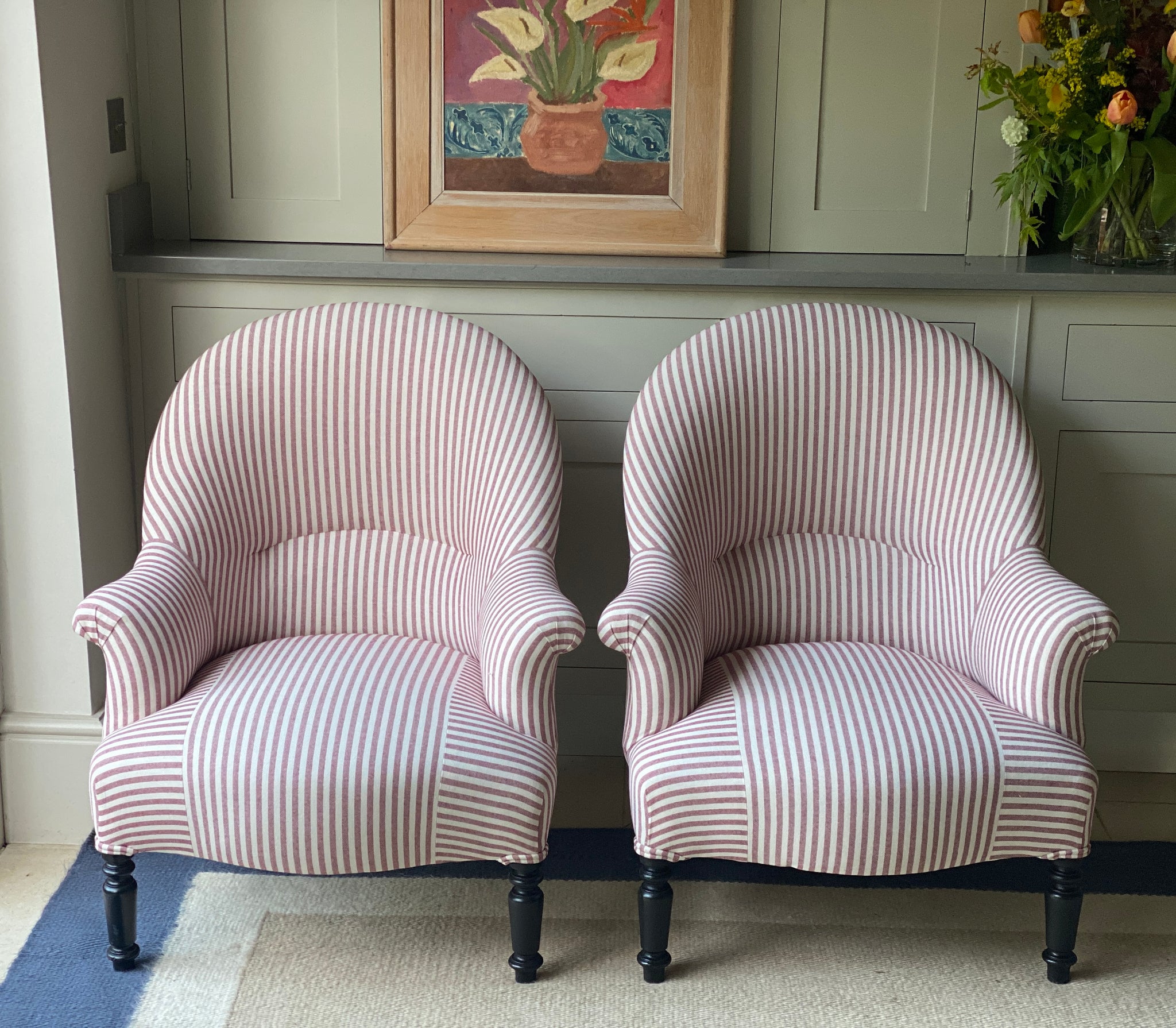 Pair of 19th C French Chairs in Red & White Ticking