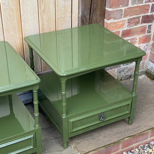 A Pair of Painted Low Occasional Table in Olive Green Gloss