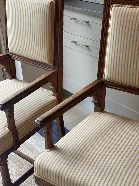 Pair of Carved Oak Chairs in Yellow Striped Ticking