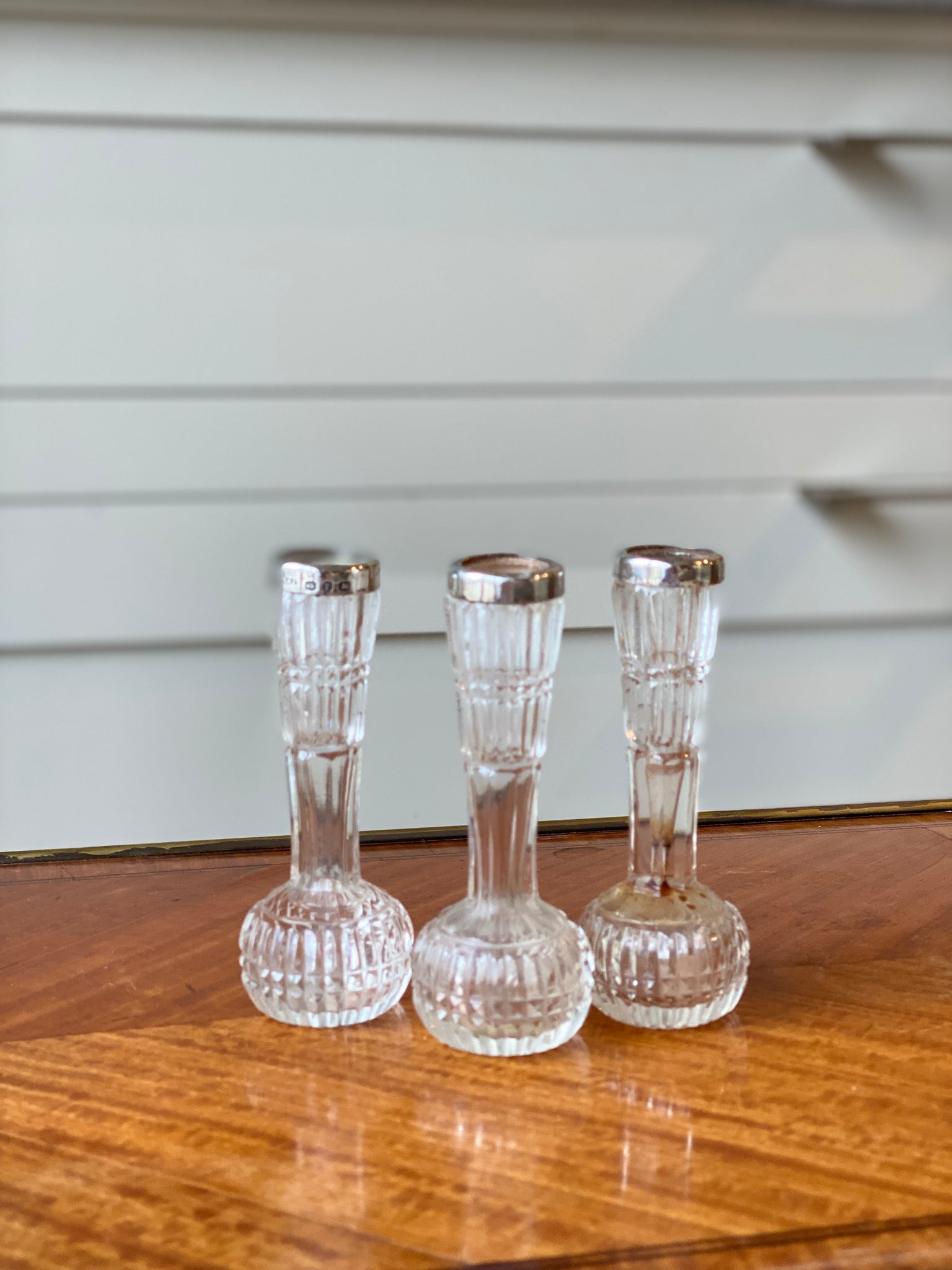 3 Pretty Silver and Cut Glass Bud Vases