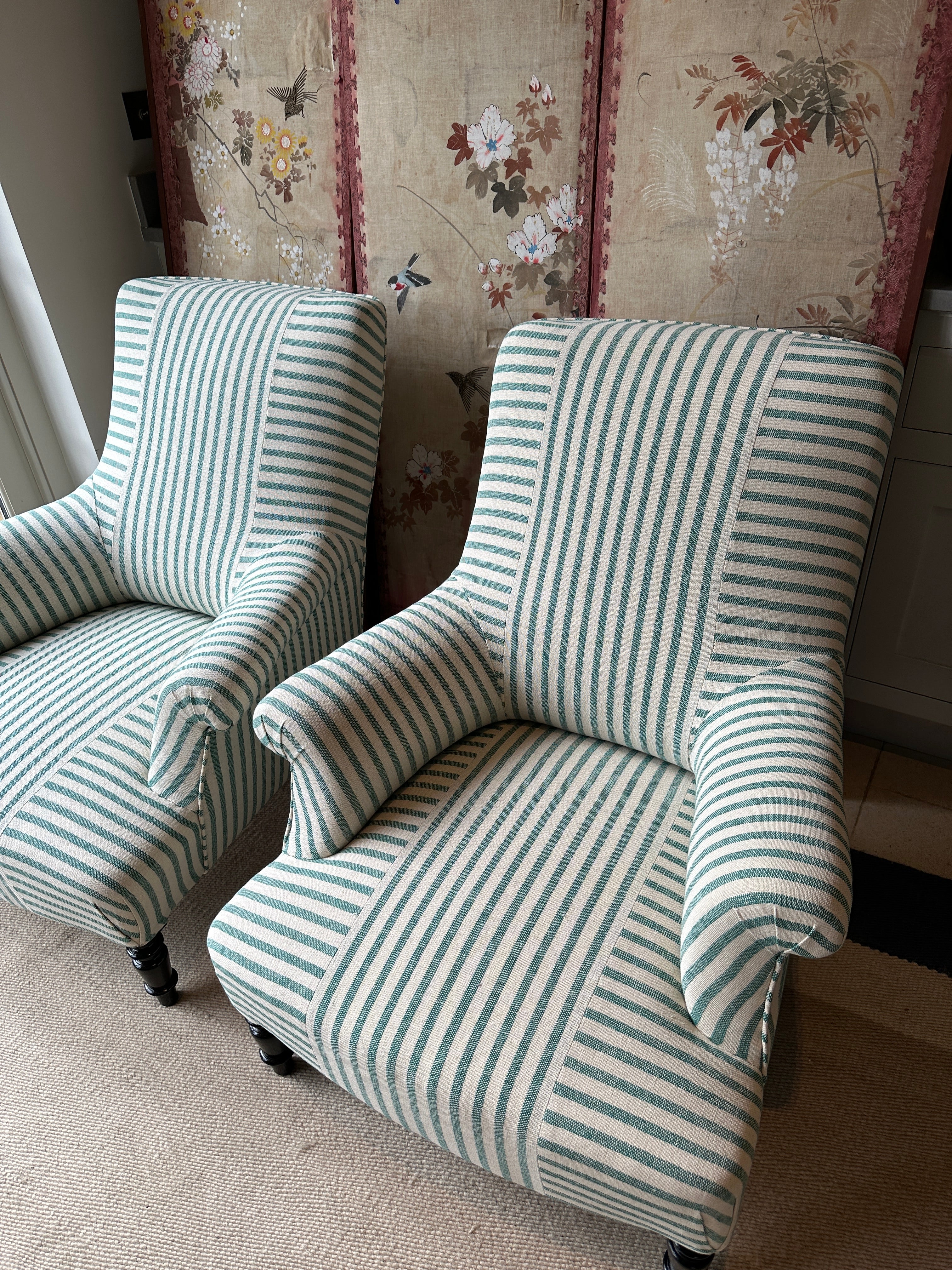 Pair of Square Back Chairs in GG Olive Sacking Peacock