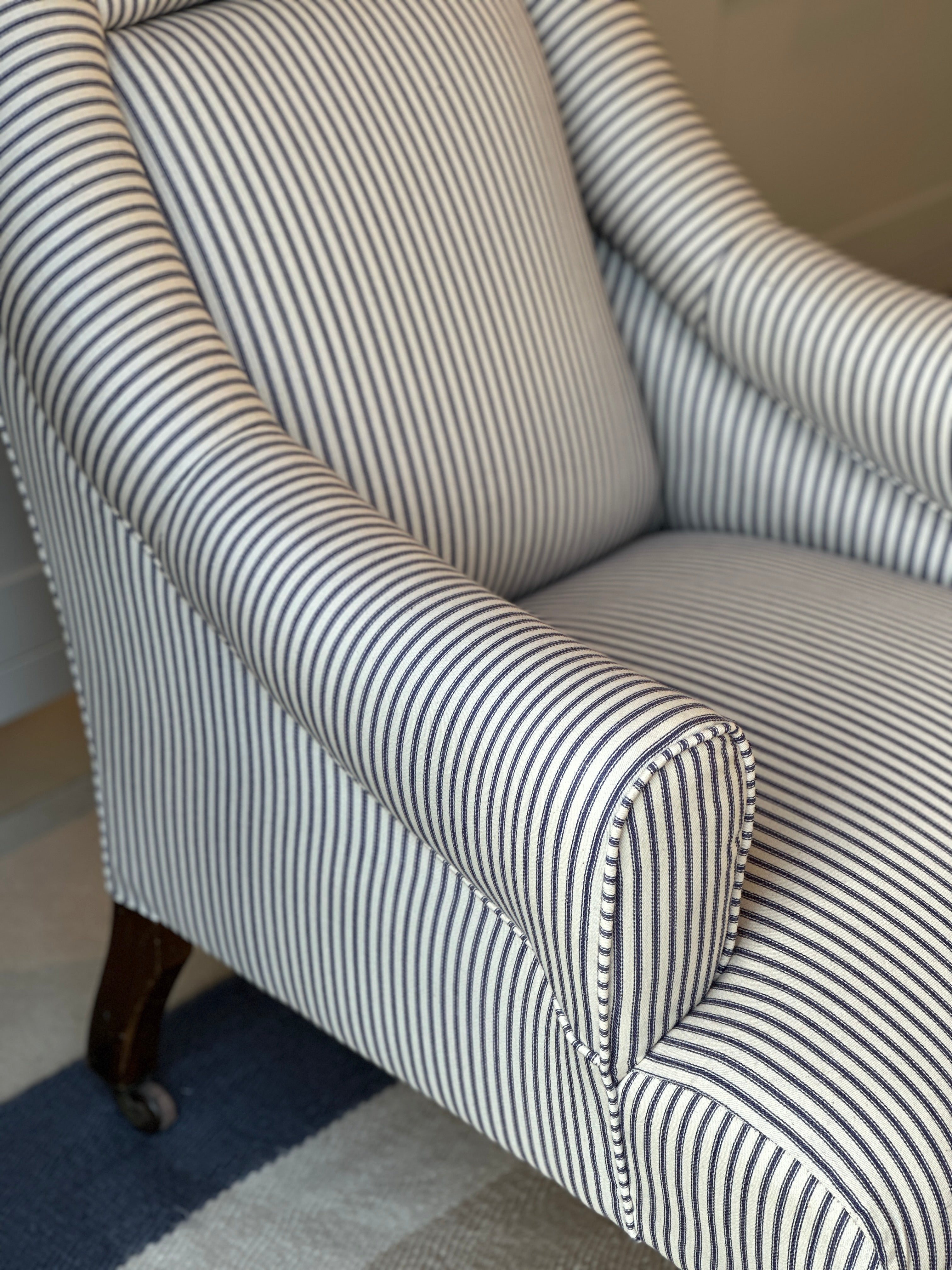 Large Antique English Armchair in a Navy stripe