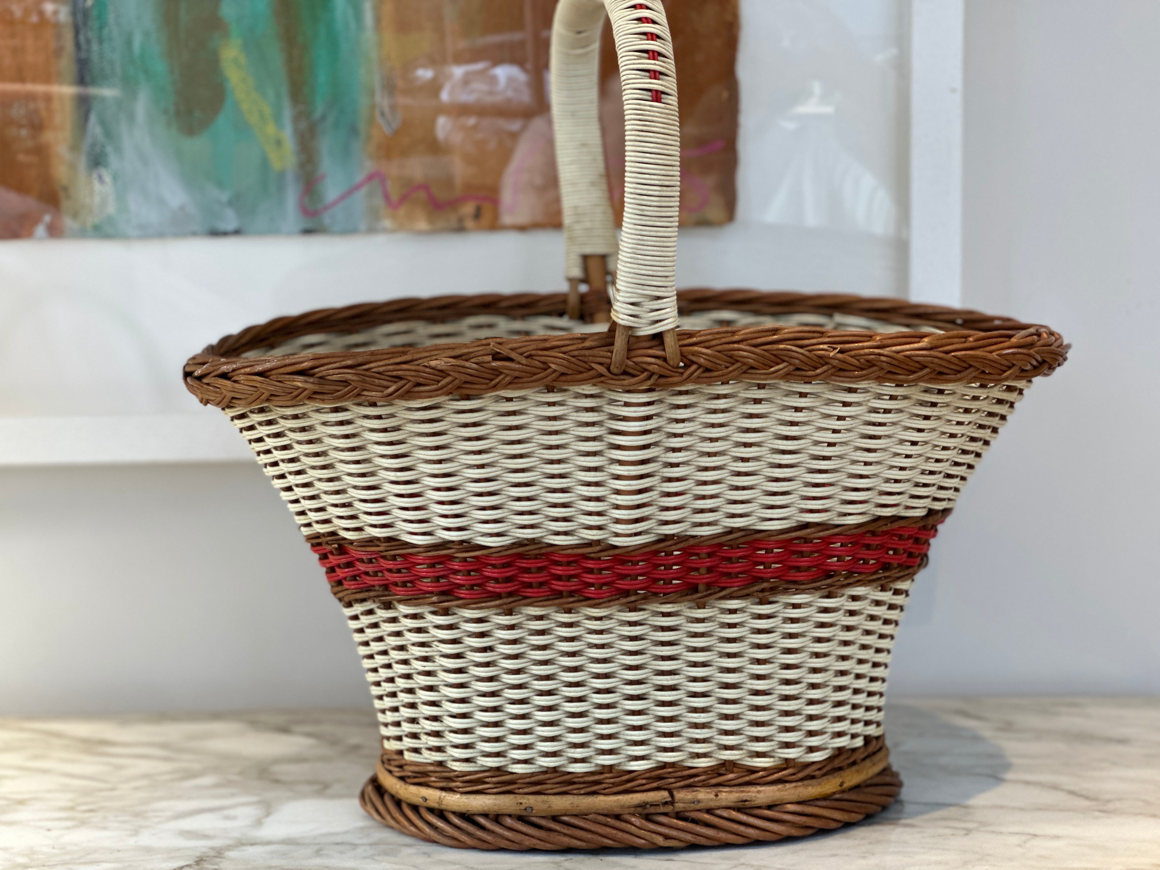 Vintage White Wicker Handled Basket with Red Accents