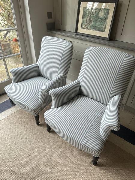 Pair of Nap 3 Armchairs in Blue & White Ticking