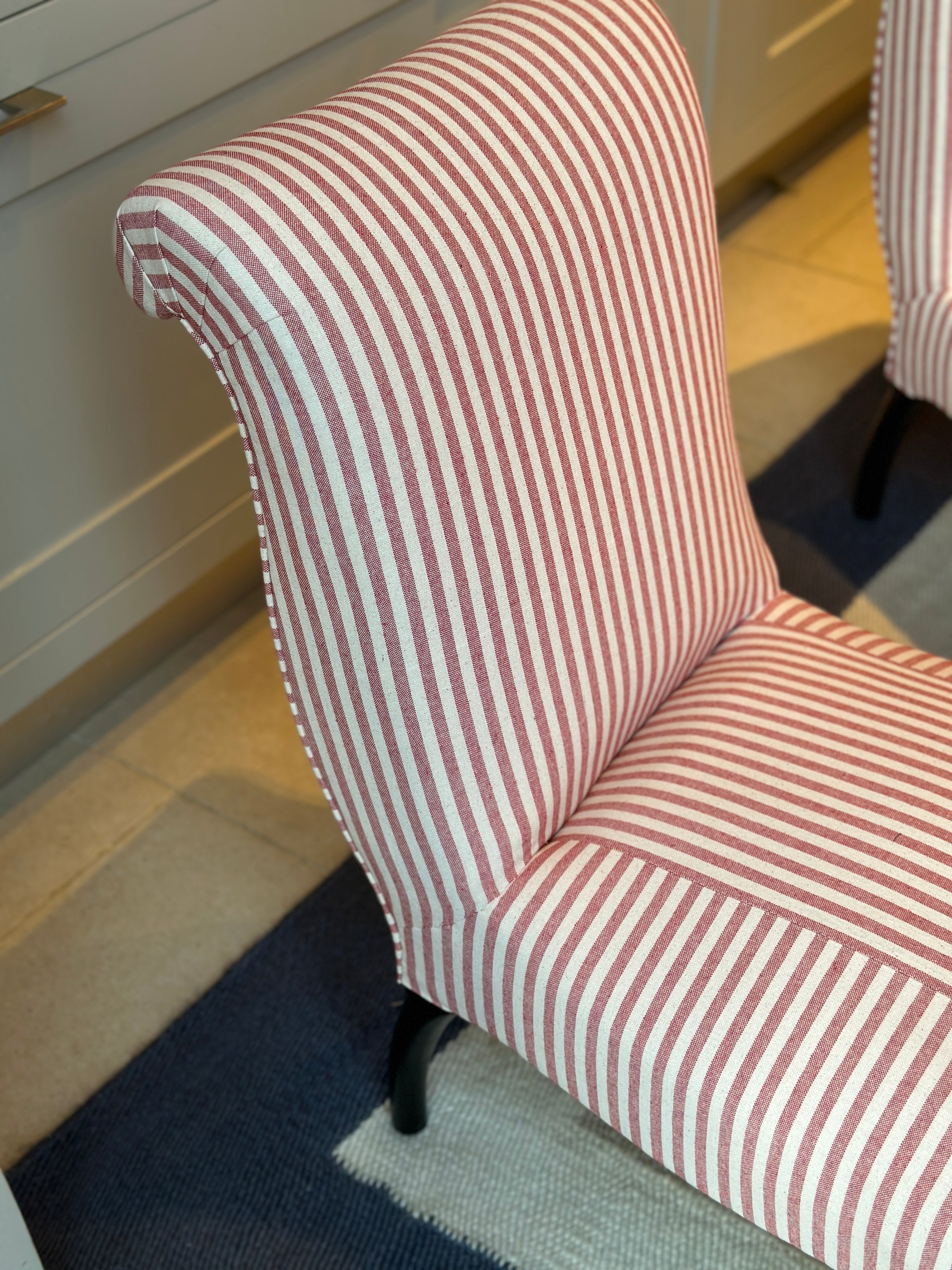 A Diminutive Pair of French Slipper Chairs in Red & White Ticking