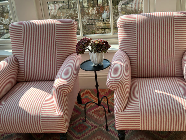 Pair of French Scroll back Armchairs on Red and White Ticking