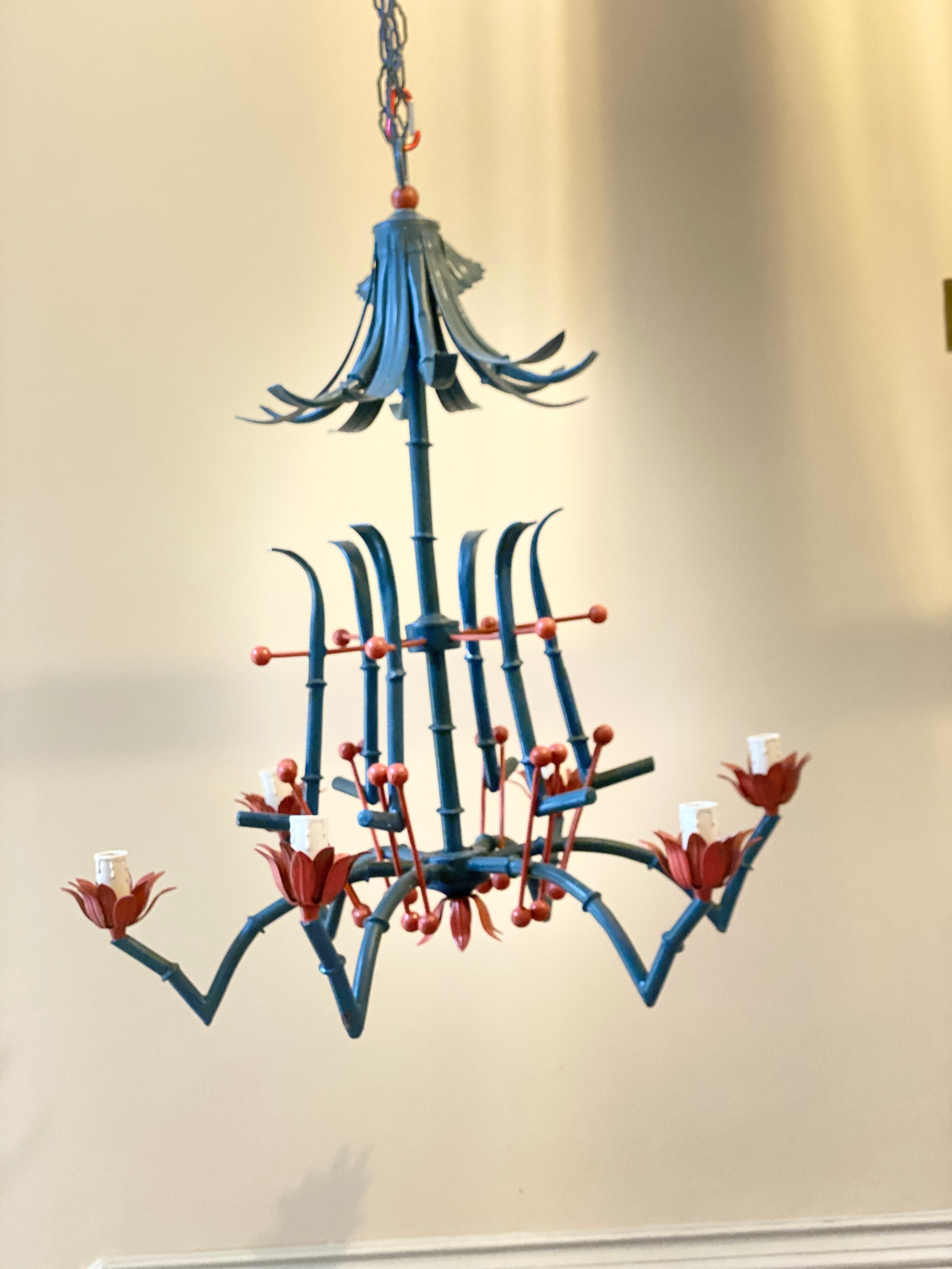 Vintage Pagoda Navy & Red toleware chandelier