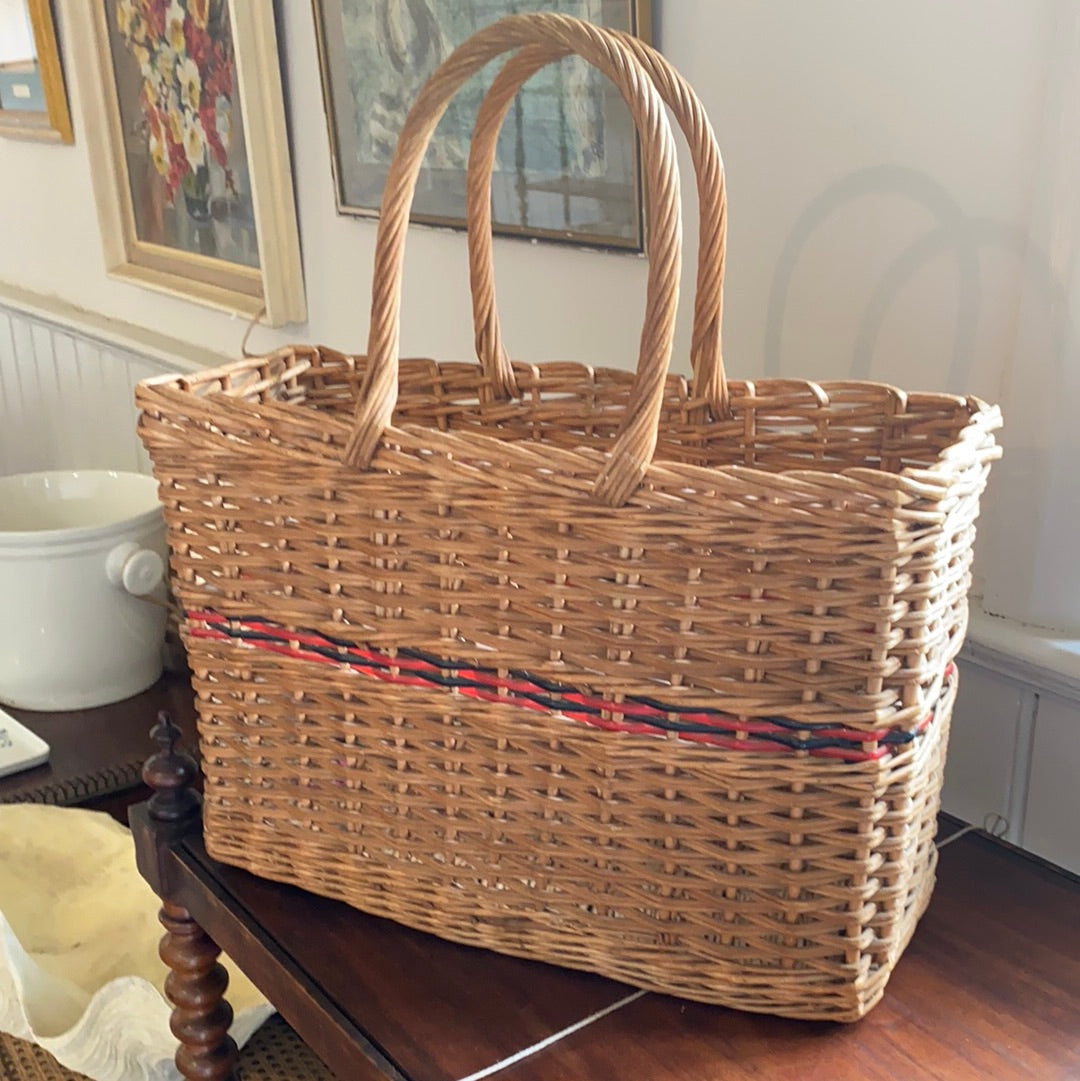 Vintage French Rattan Basket with red & black stripes