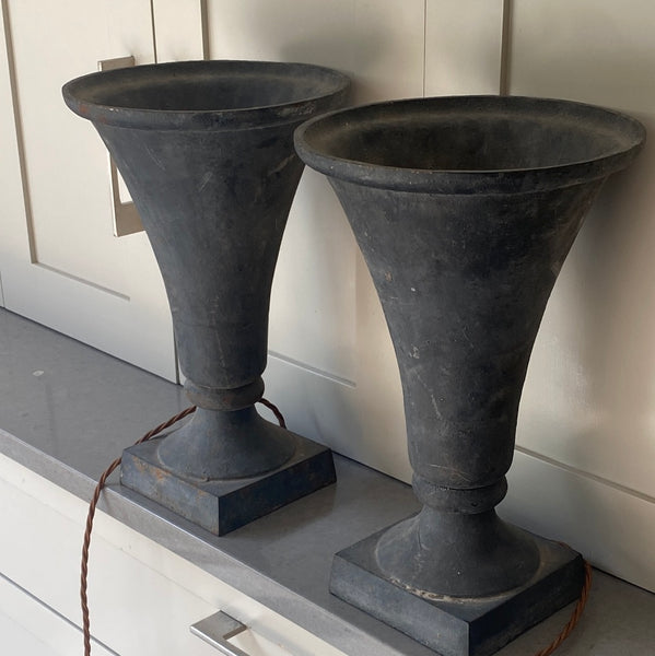 Reserved Pair of Cast Iron Urn Uplighters