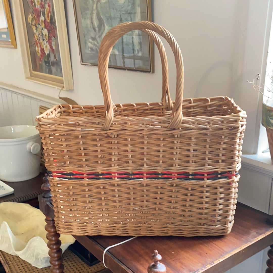 Vintage French Rattan Basket with red & black stripes