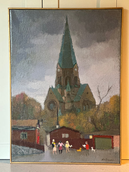 Swedish Oil on Canvas Village Scene