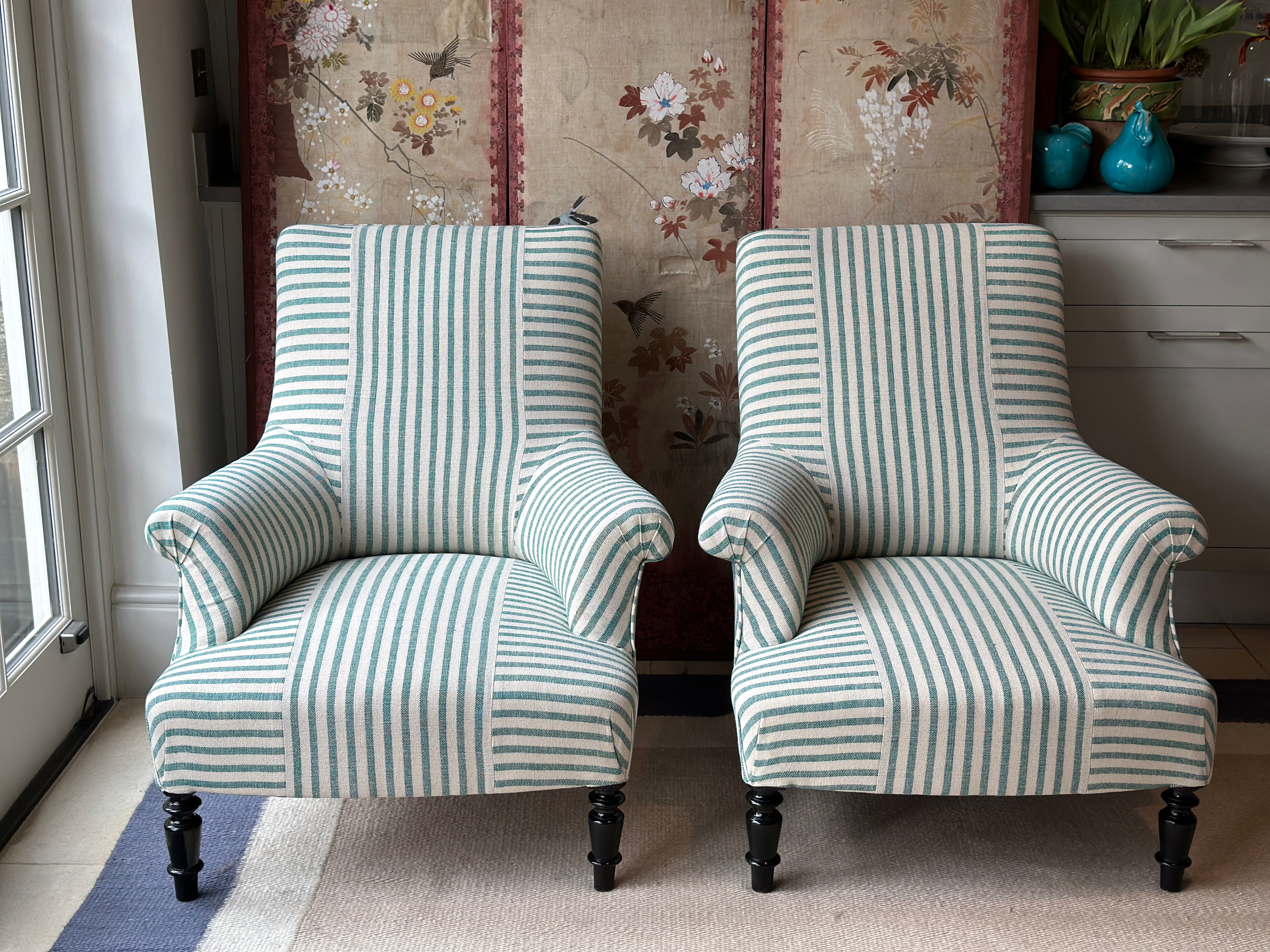 Pair of Square Back Chairs in GG Olive Sacking Peacock