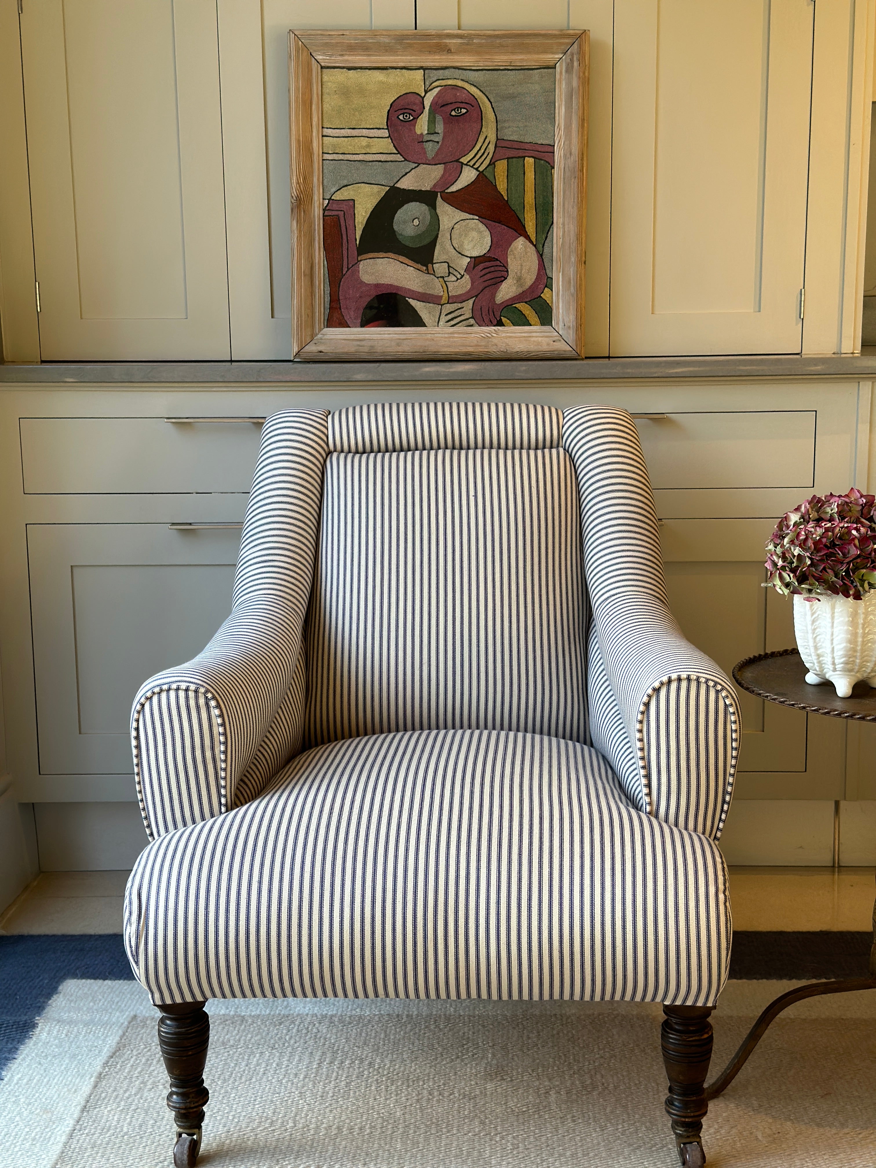 Large Antique English Armchair in a Navy stripe