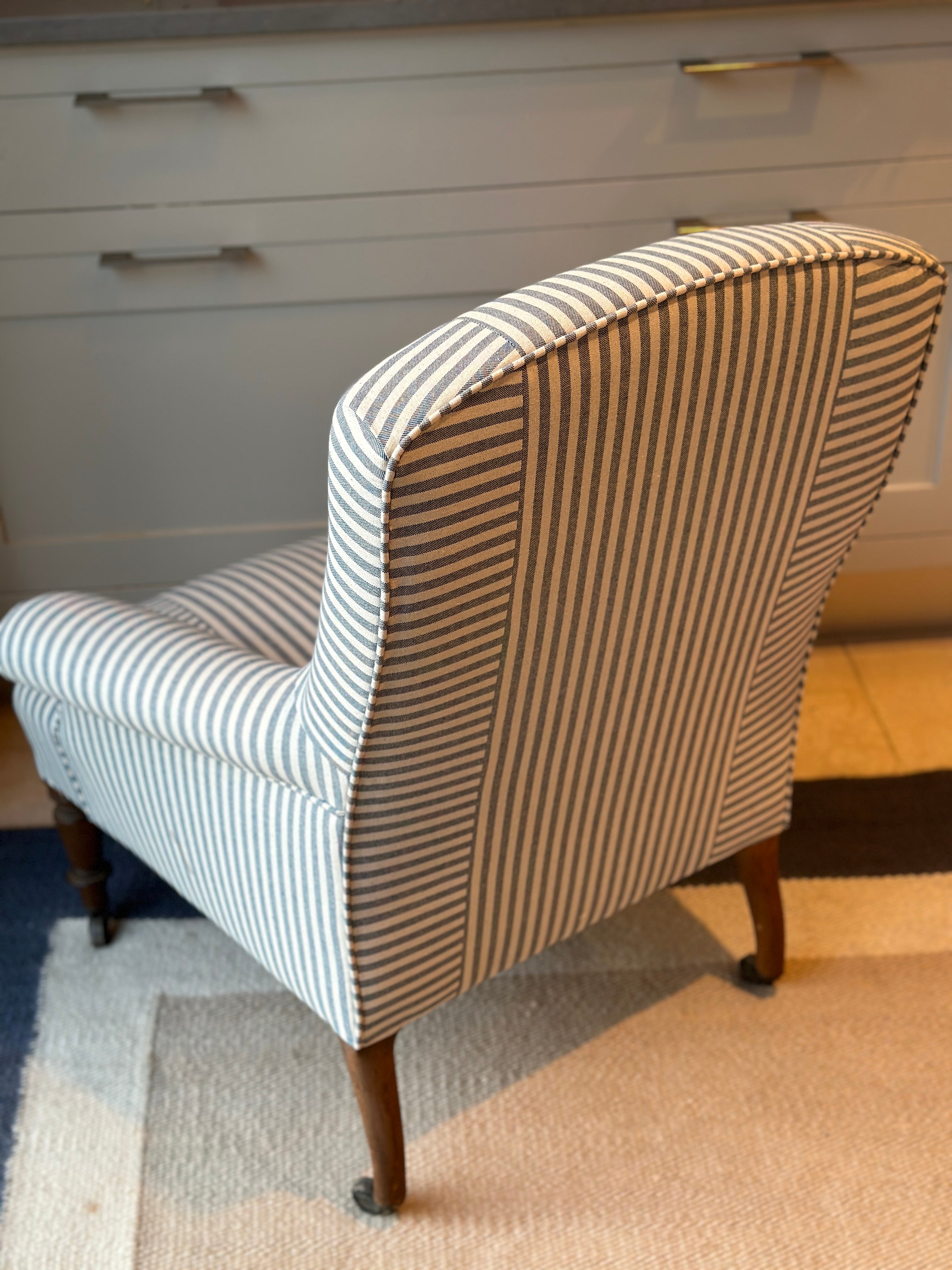 A Nap 3 Square Back Chair in Blue and White Ticking